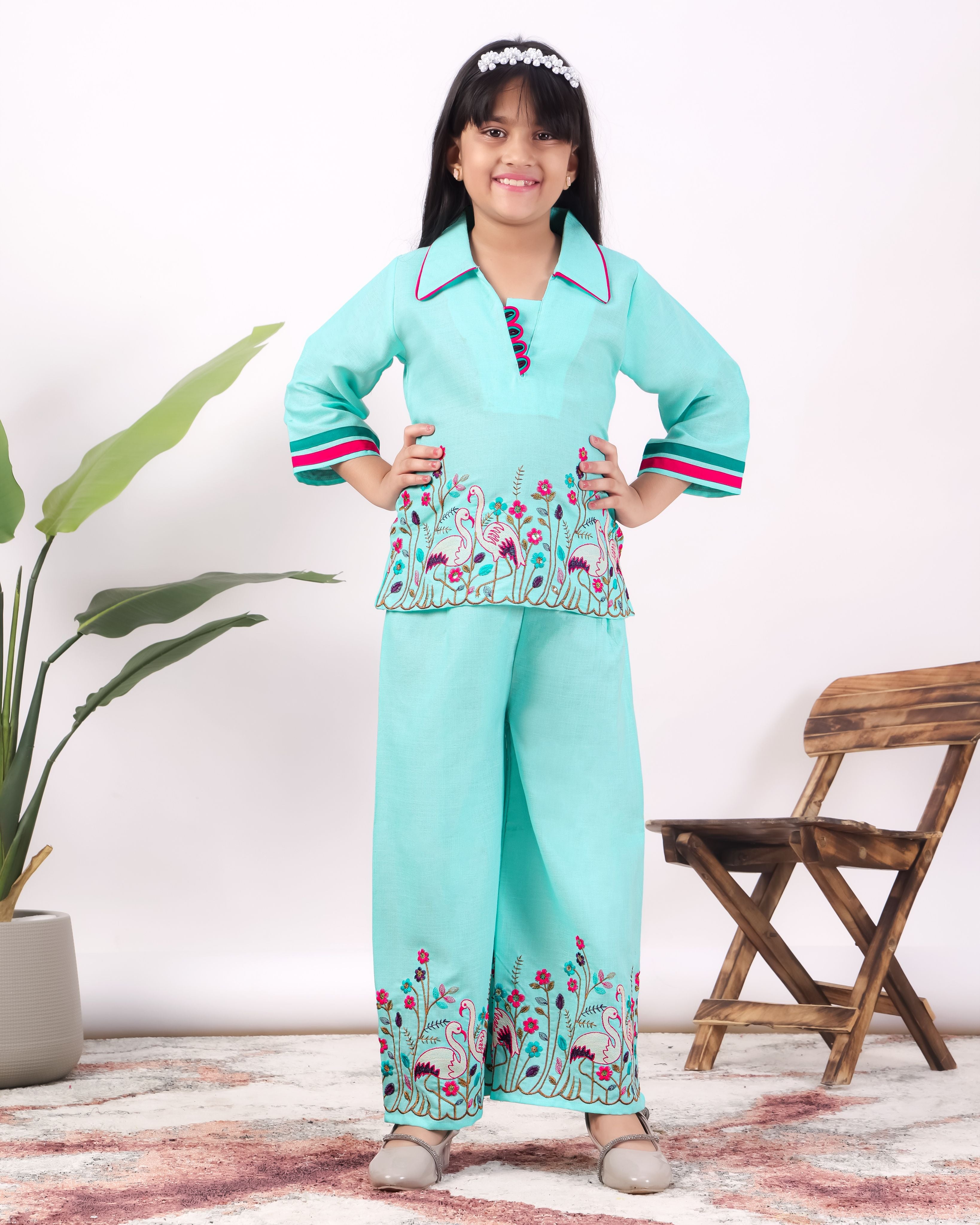 Girls Flamingo Embroidered Co-Ord Set with Wide Leg Pants | Premium Kids Ethnic Wear