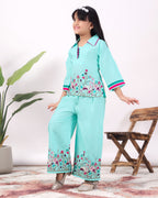 Girls Flamingo Embroidered Co-Ord Set with Wide Leg Pants | Premium Kids Ethnic Wear