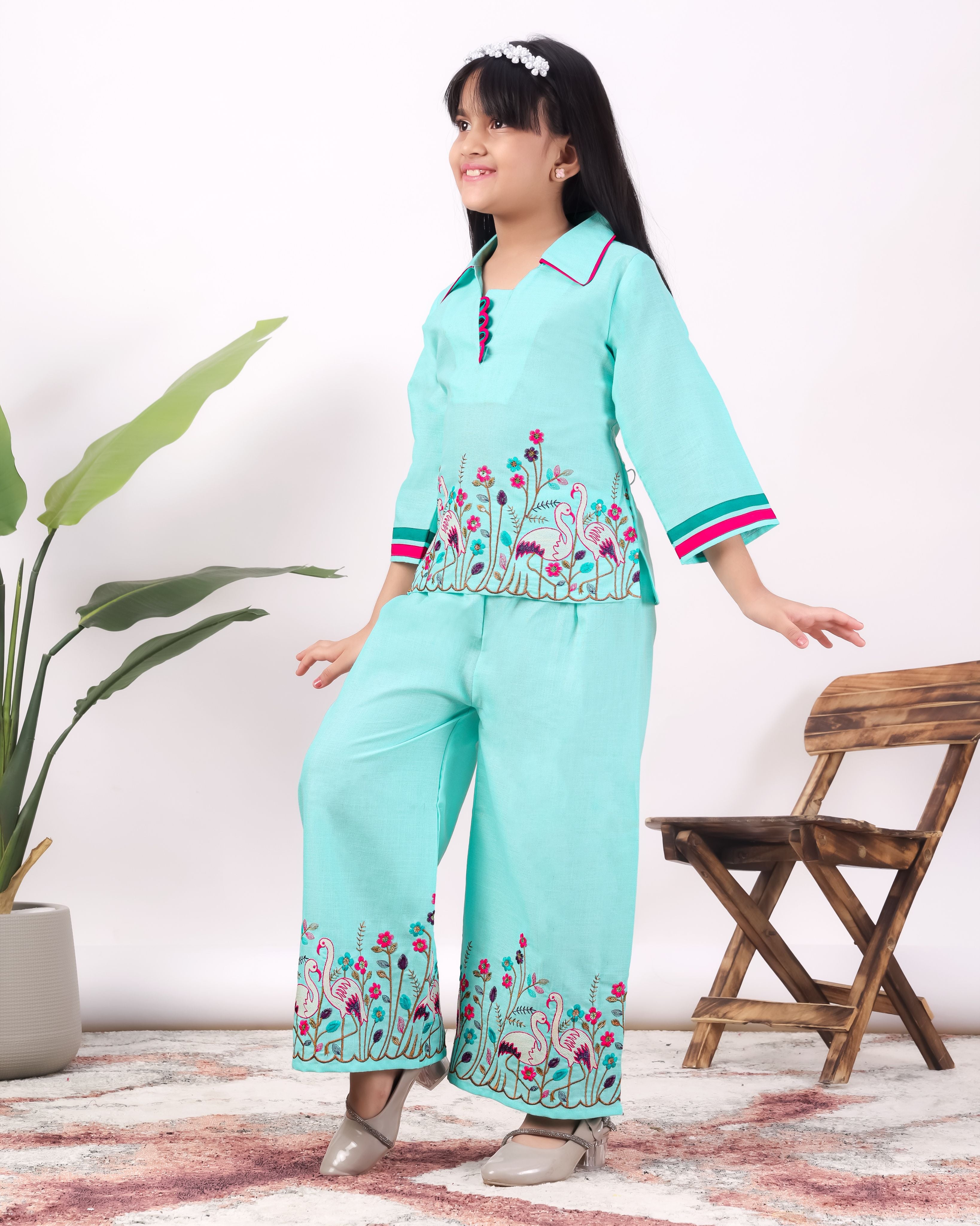 Girls Flamingo Embroidered Co-Ord Set with Wide Leg Pants | Premium Kids Ethnic Wear