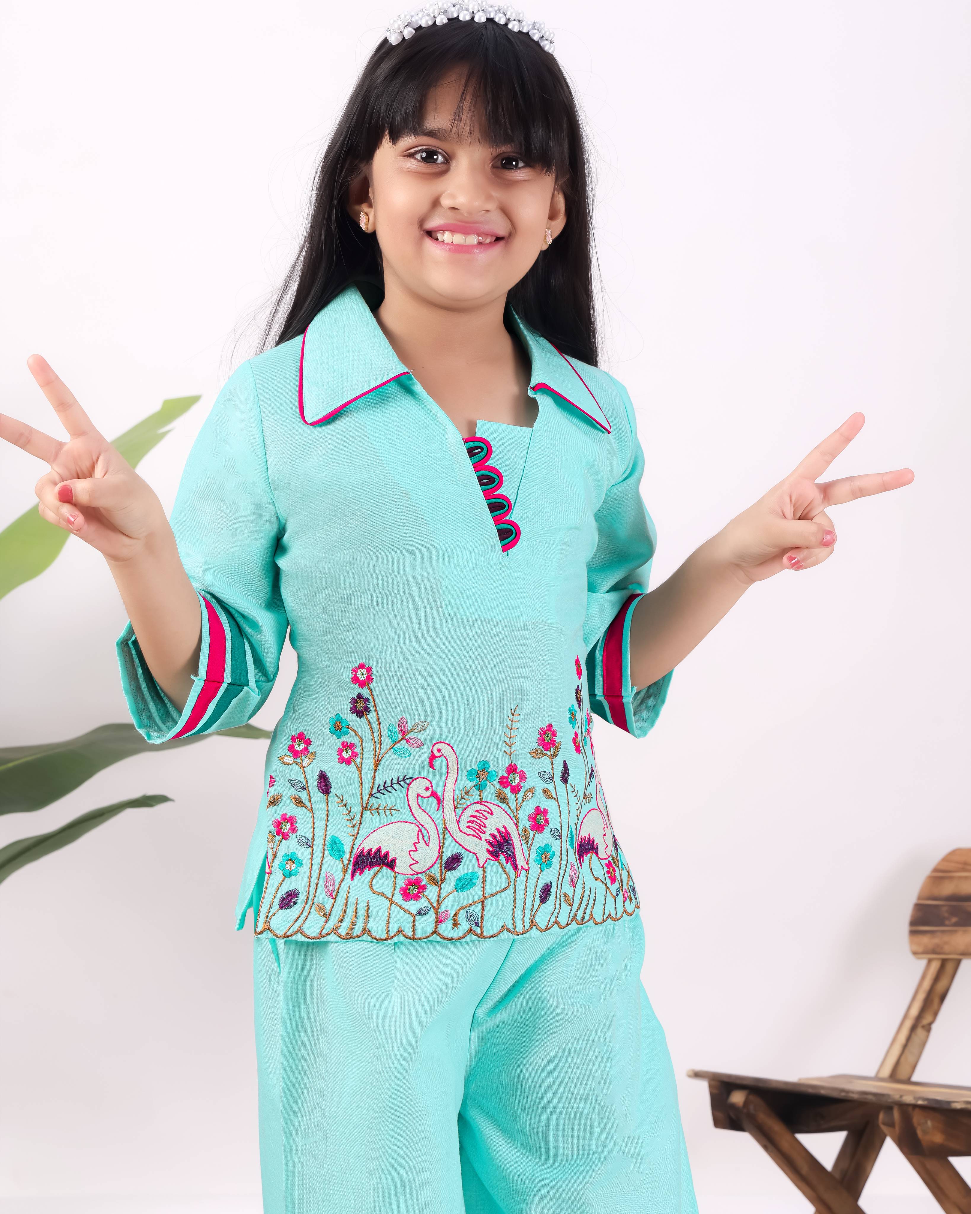 Girls Flamingo Embroidered Co-Ord Set with Wide Leg Pants | Premium Kids Ethnic Wear