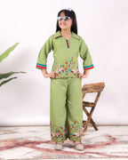 Girls Flamingo Embroidered Co-Ord Set with Wide Leg Pants | Premium Kids Ethnic Wear