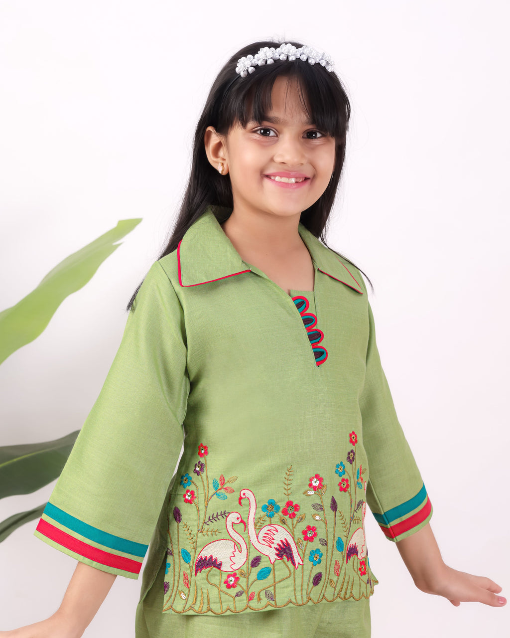 Girls Flamingo Embroidered Co-Ord Set with Wide Leg Pants | Premium Kids Ethnic Wear