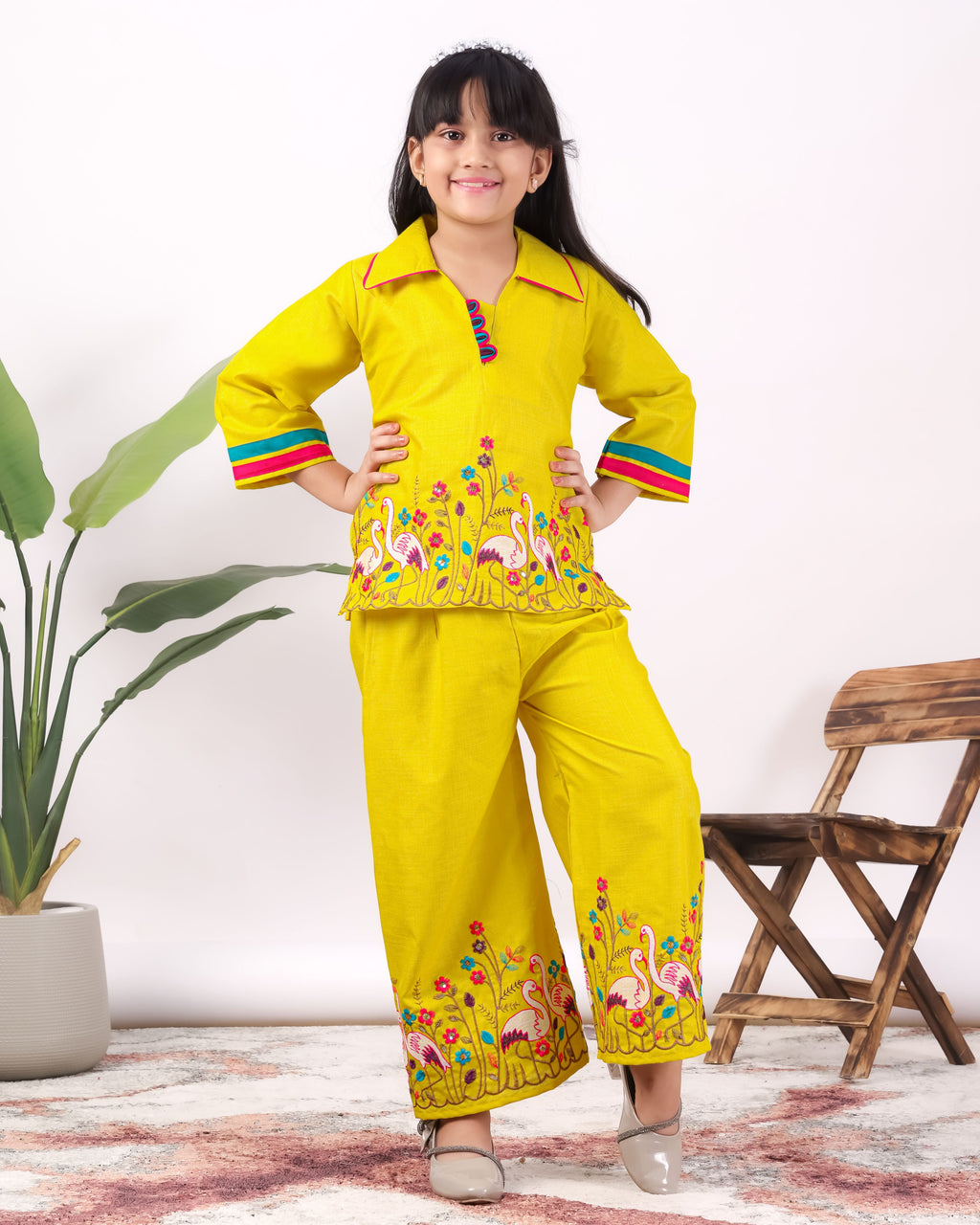 Girls Flamingo Embroidered Co-Ord Set with Wide Leg Pants | Premium Kids Ethnic Wear