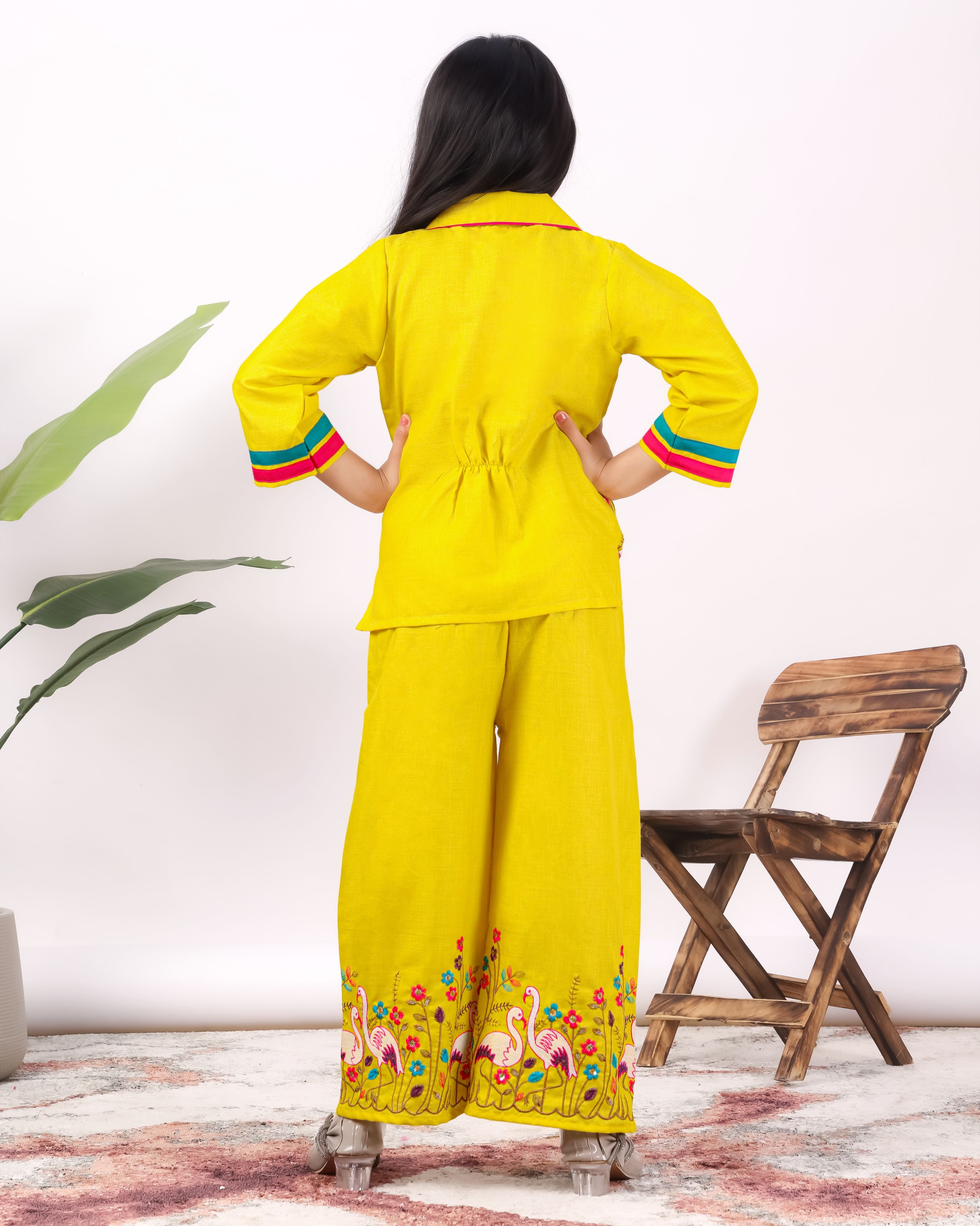 Girls Flamingo Embroidered Co-Ord Set with Wide Leg Pants | Premium Kids Ethnic Wear