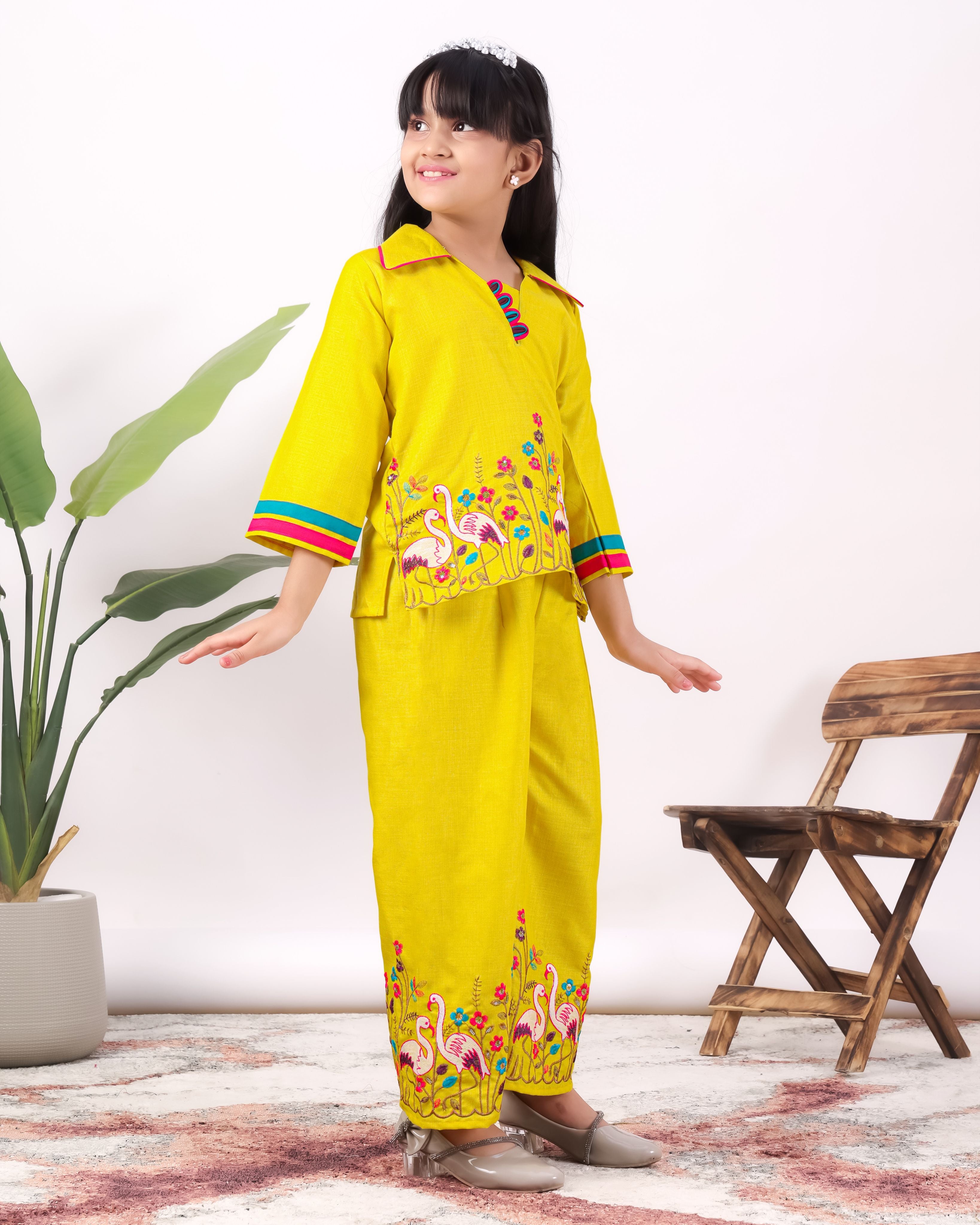 Girls Flamingo Embroidered Co-Ord Set with Wide Leg Pants | Premium Kids Ethnic Wear