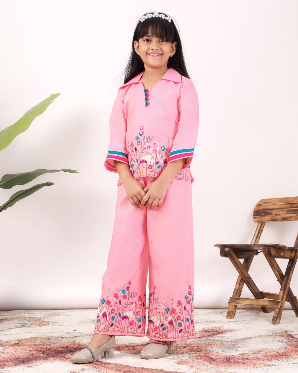 Girls Flamingo Embroidered Co-Ord Set with Wide Leg Pants | Premium Kids Ethnic Wear