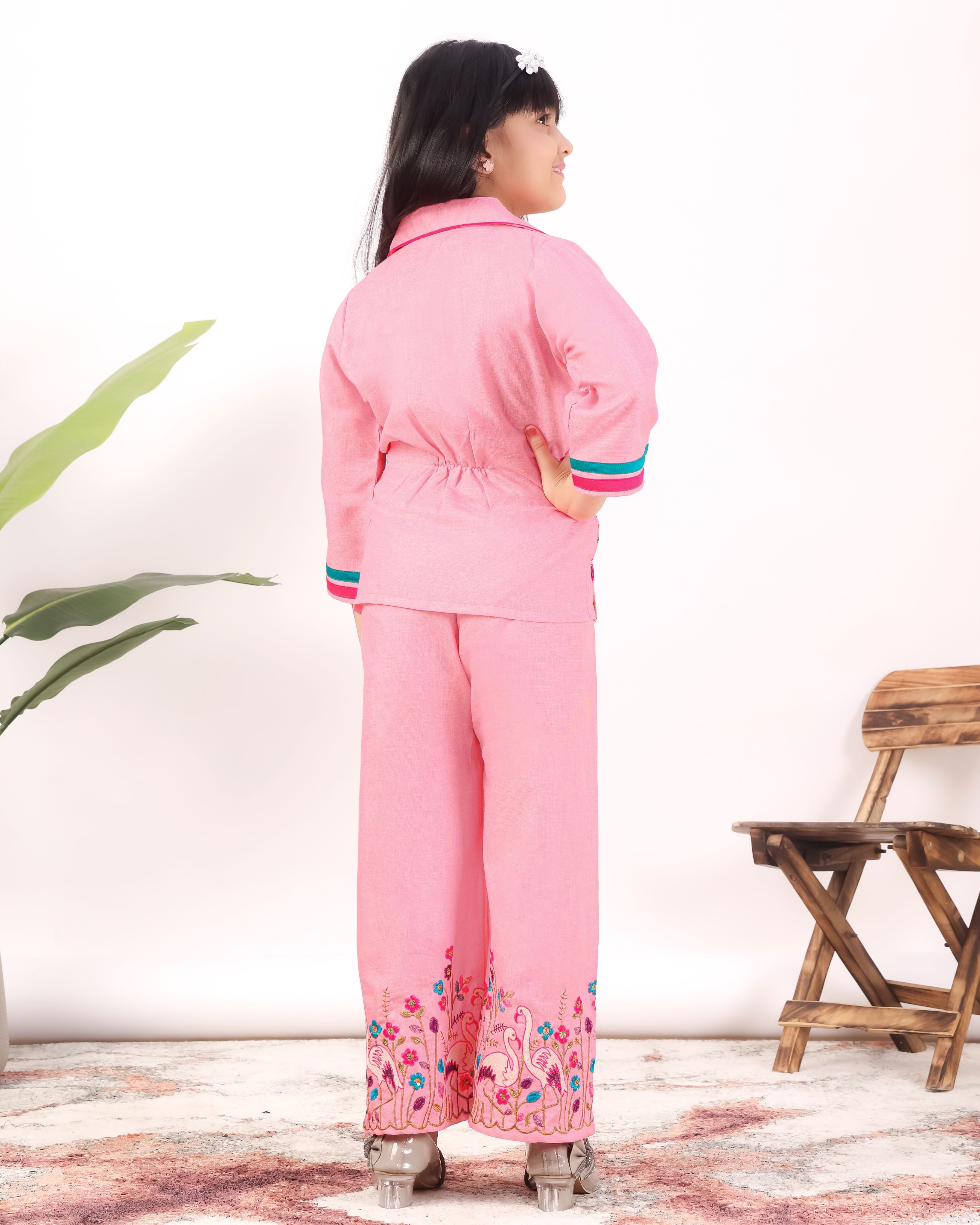 Girls Flamingo Embroidered Co-Ord Set with Wide Leg Pants | Premium Kids Ethnic Wear