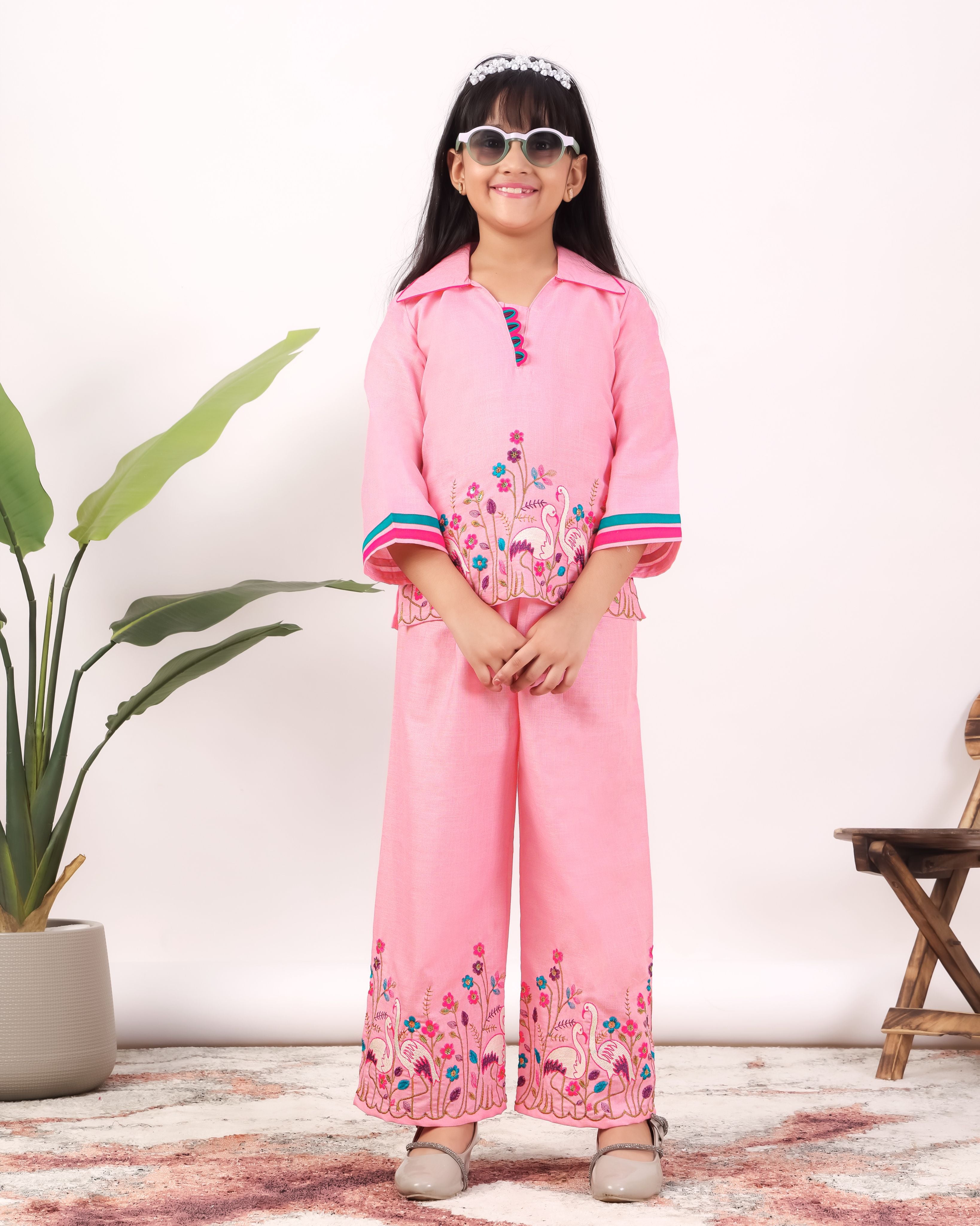 Girls Flamingo Embroidered Co-Ord Set with Wide Leg Pants | Premium Kids Ethnic Wear