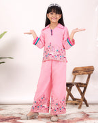 Girls Flamingo Embroidered Co-Ord Set with Wide Leg Pants | Premium Kids Ethnic Wear