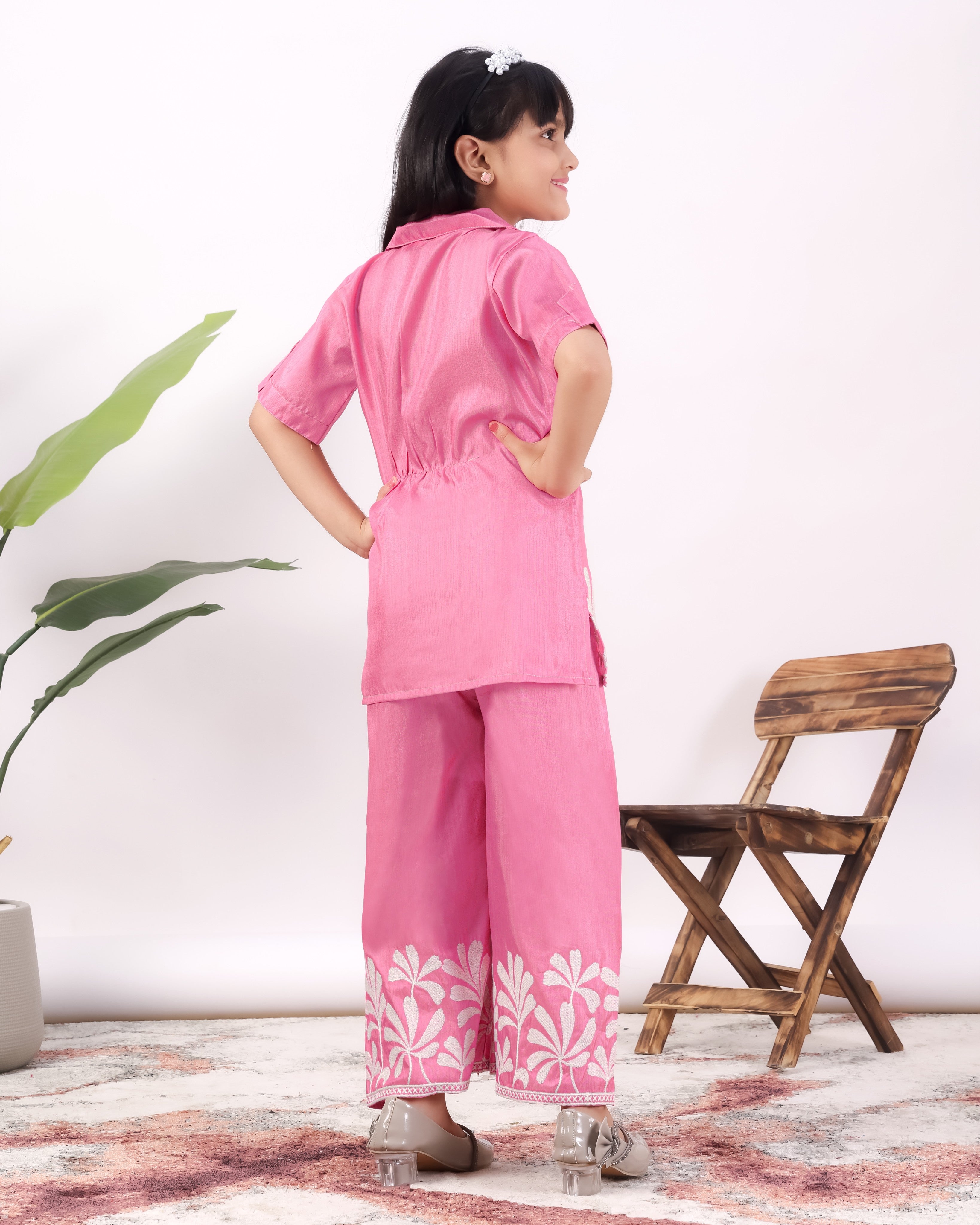 Girls Embroidered Co-Ord Set with Wide Leg Pants | Premium Party & Festive Wear for Kids