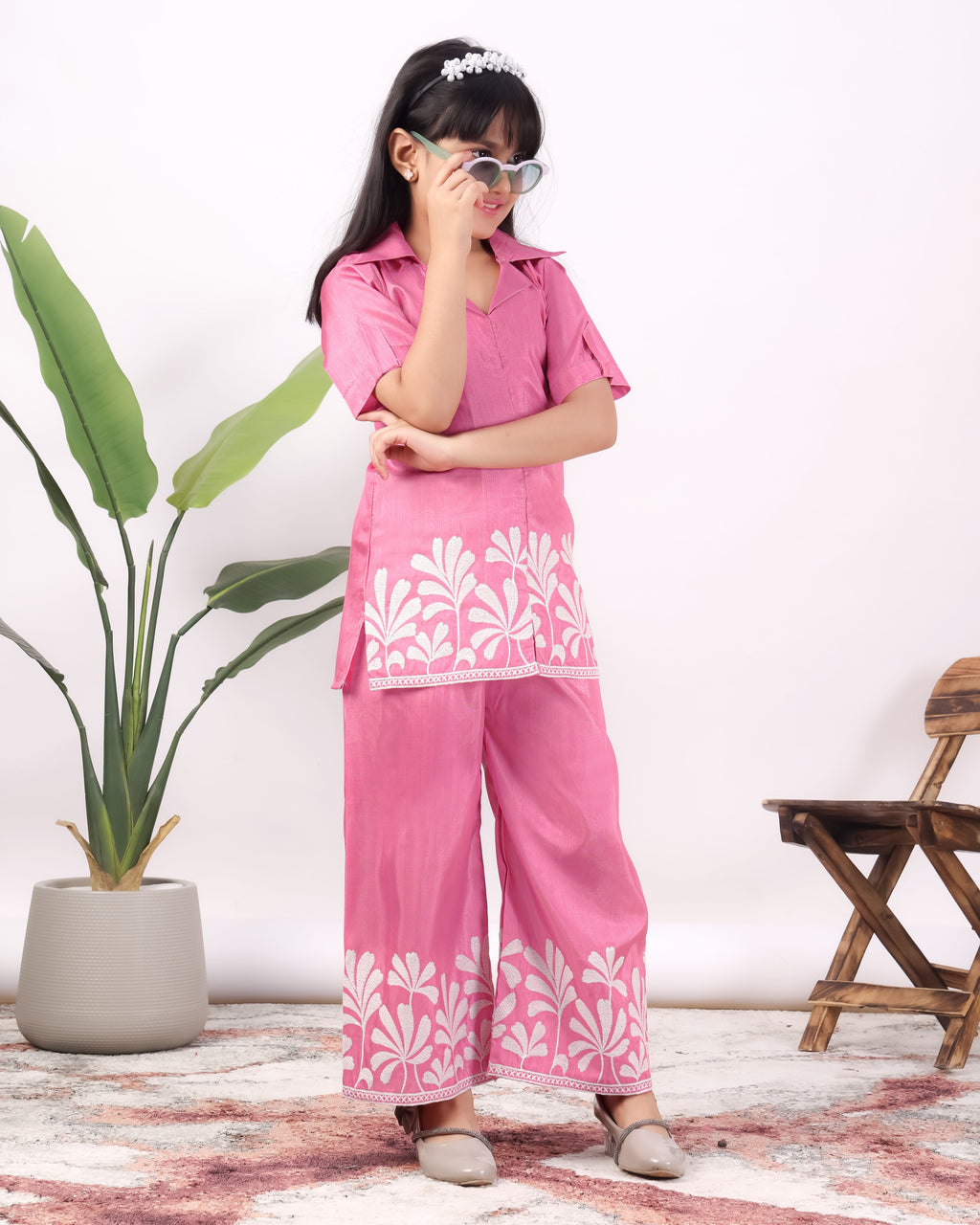 Girls Embroidered Co-Ord Set with Wide Leg Pants | Premium Party & Festive Wear for Kids