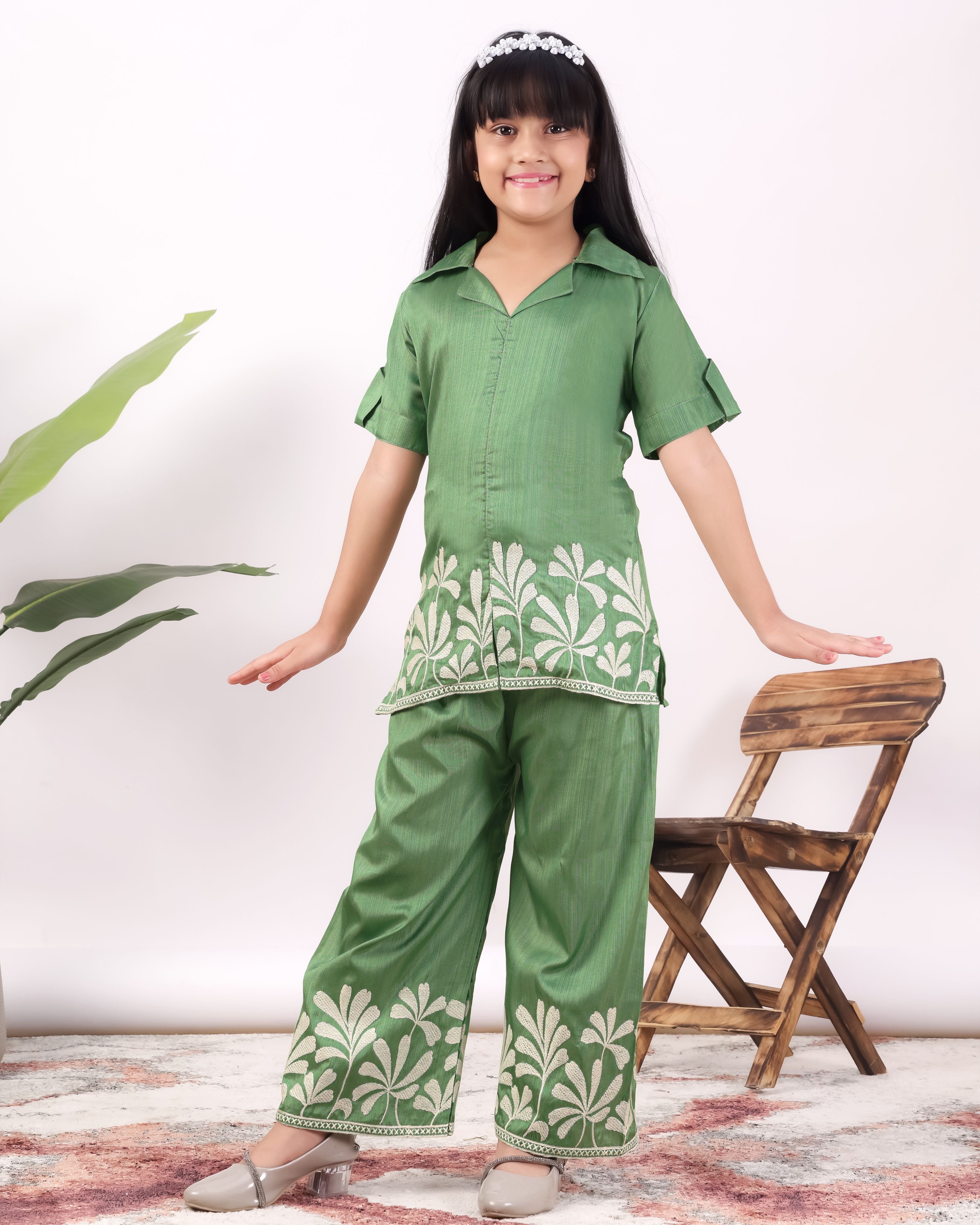 Girls Embroidered Co-Ord Set with Wide Leg Pants | Premium Party & Festive Wear for Kids