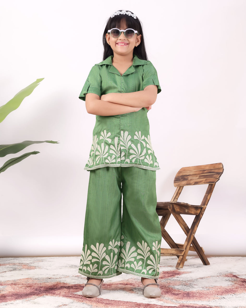 Girls Embroidered Co-Ord Set with Wide Leg Pants | Premium Party & Festive Wear for Kids