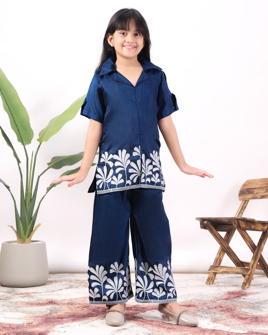 Girls Embroidered Co-Ord Set with Wide Leg Pants | Premium Party & Festive Wear for Kids