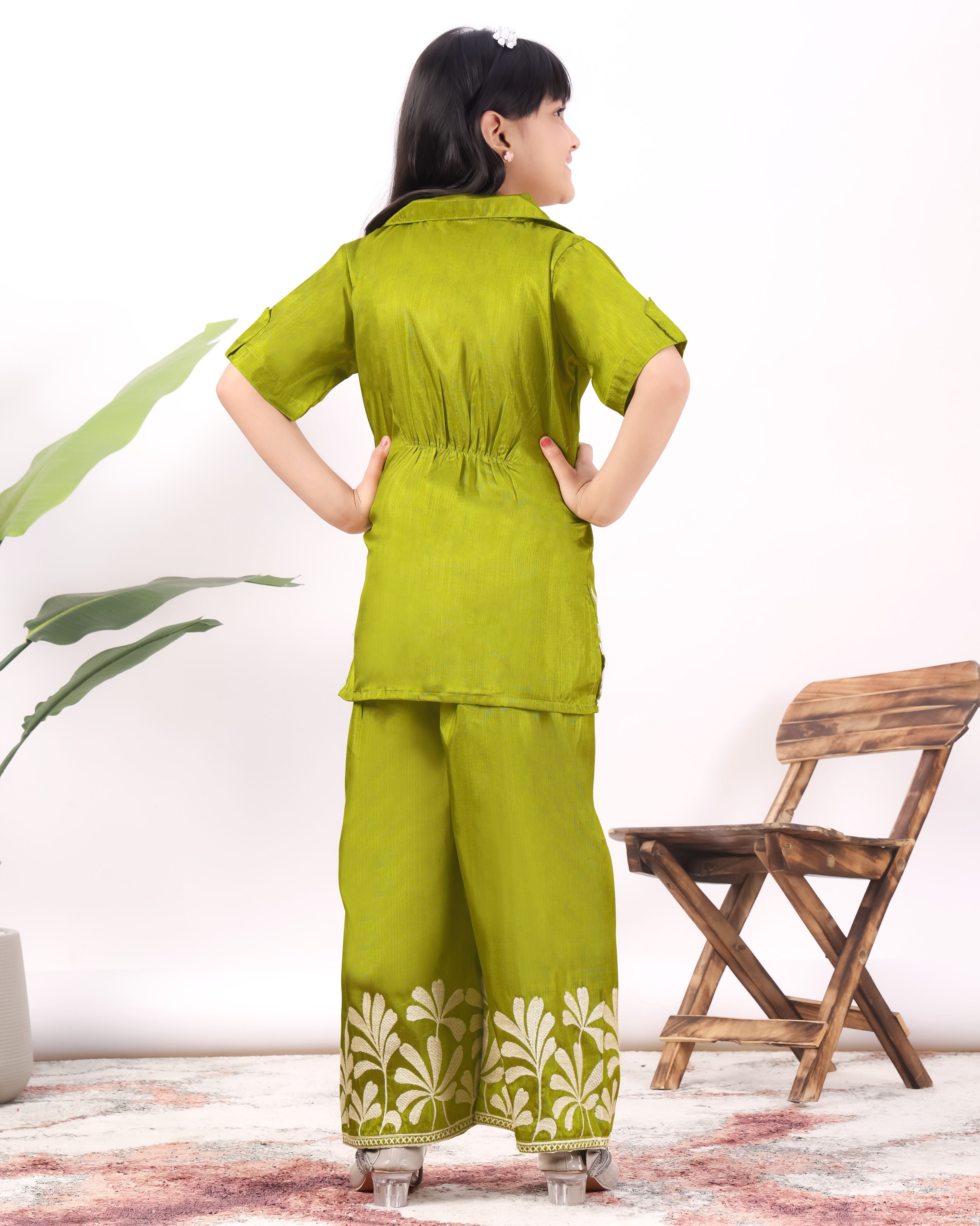 Girls Embroidered Co-Ord Set with Wide Leg Pants | Premium Party & Festive Wear for Kids