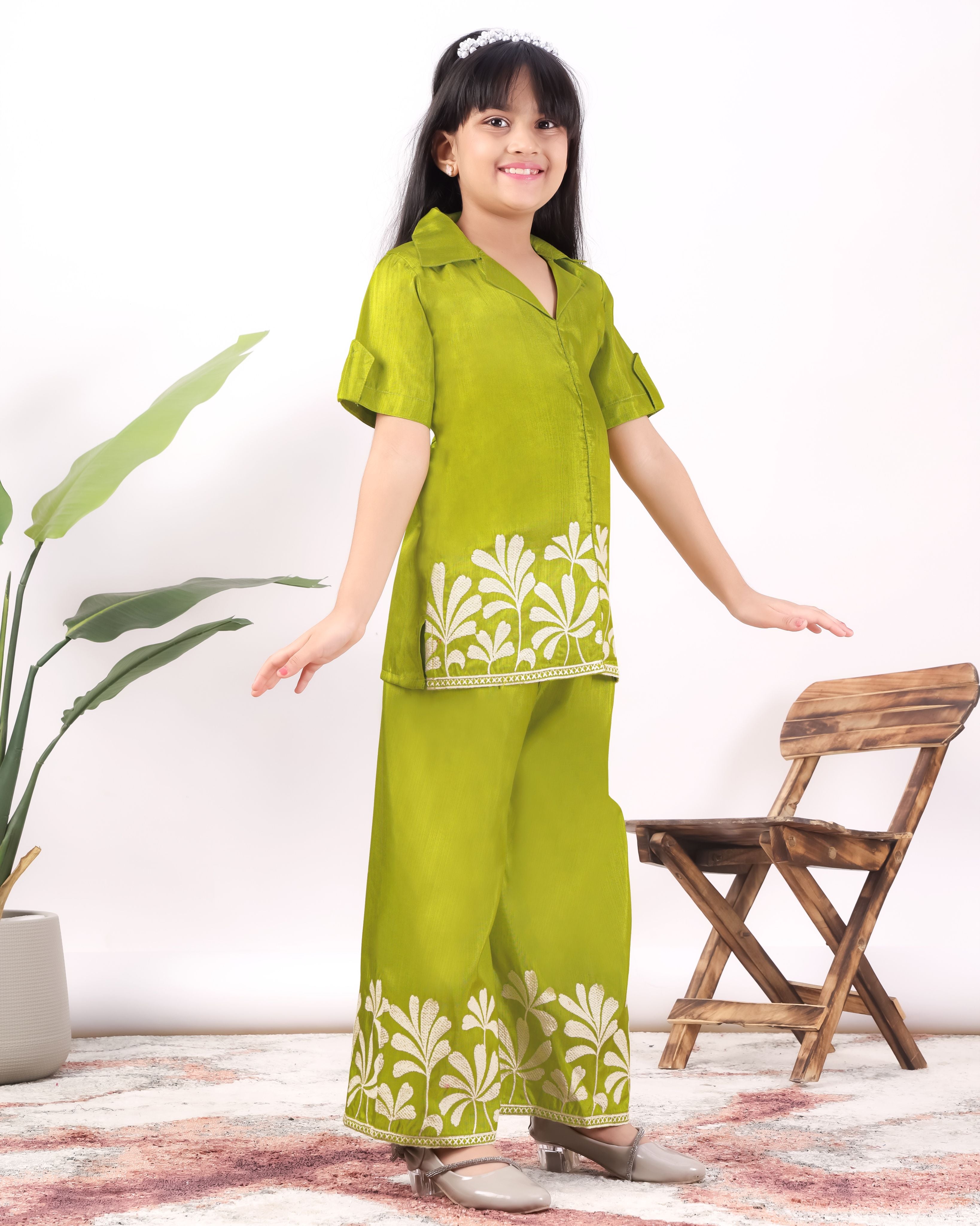 Girls Embroidered Co-Ord Set with Wide Leg Pants | Premium Party & Festive Wear for Kids