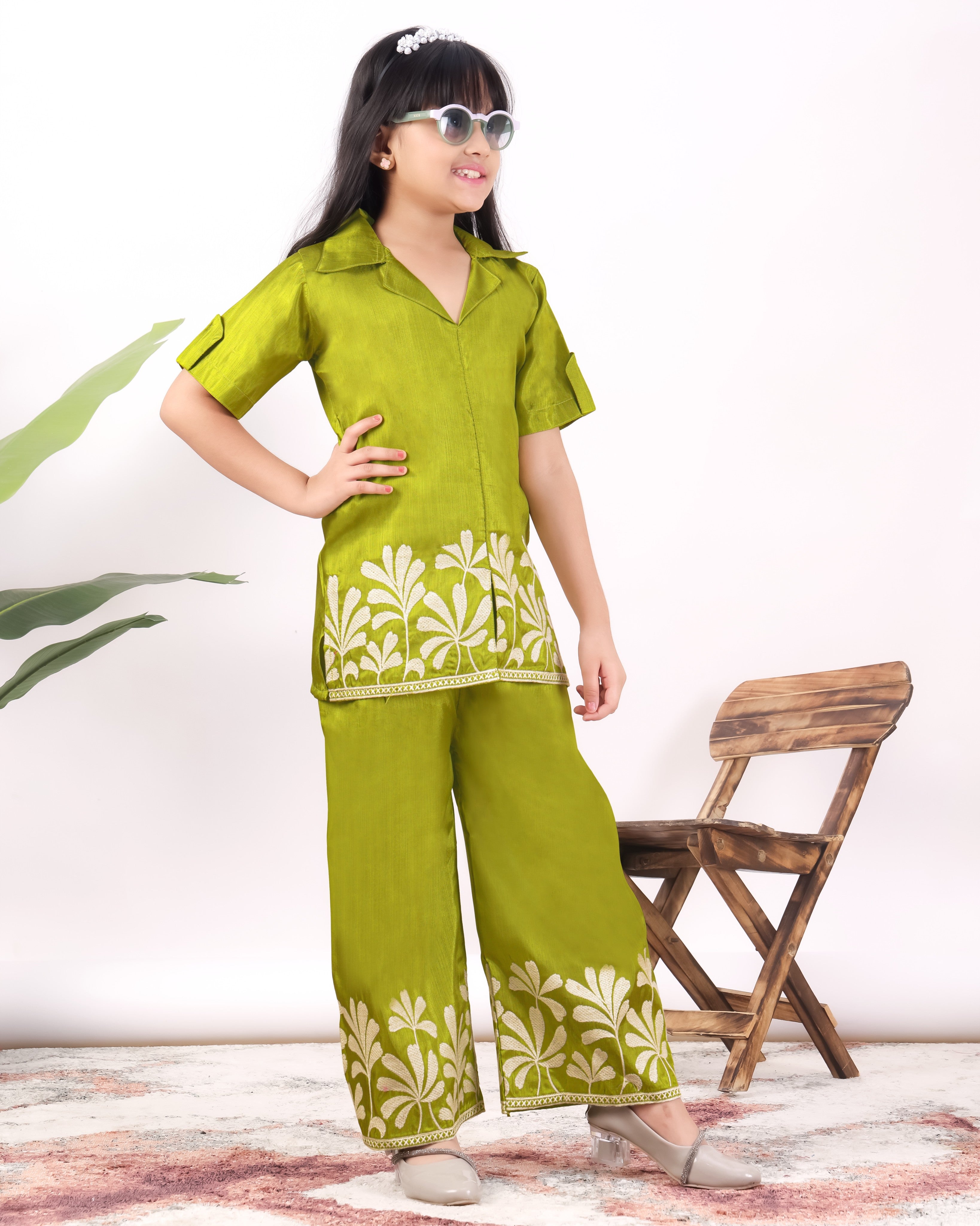 Girls Embroidered Co-Ord Set with Wide Leg Pants | Premium Party & Festive Wear for Kids