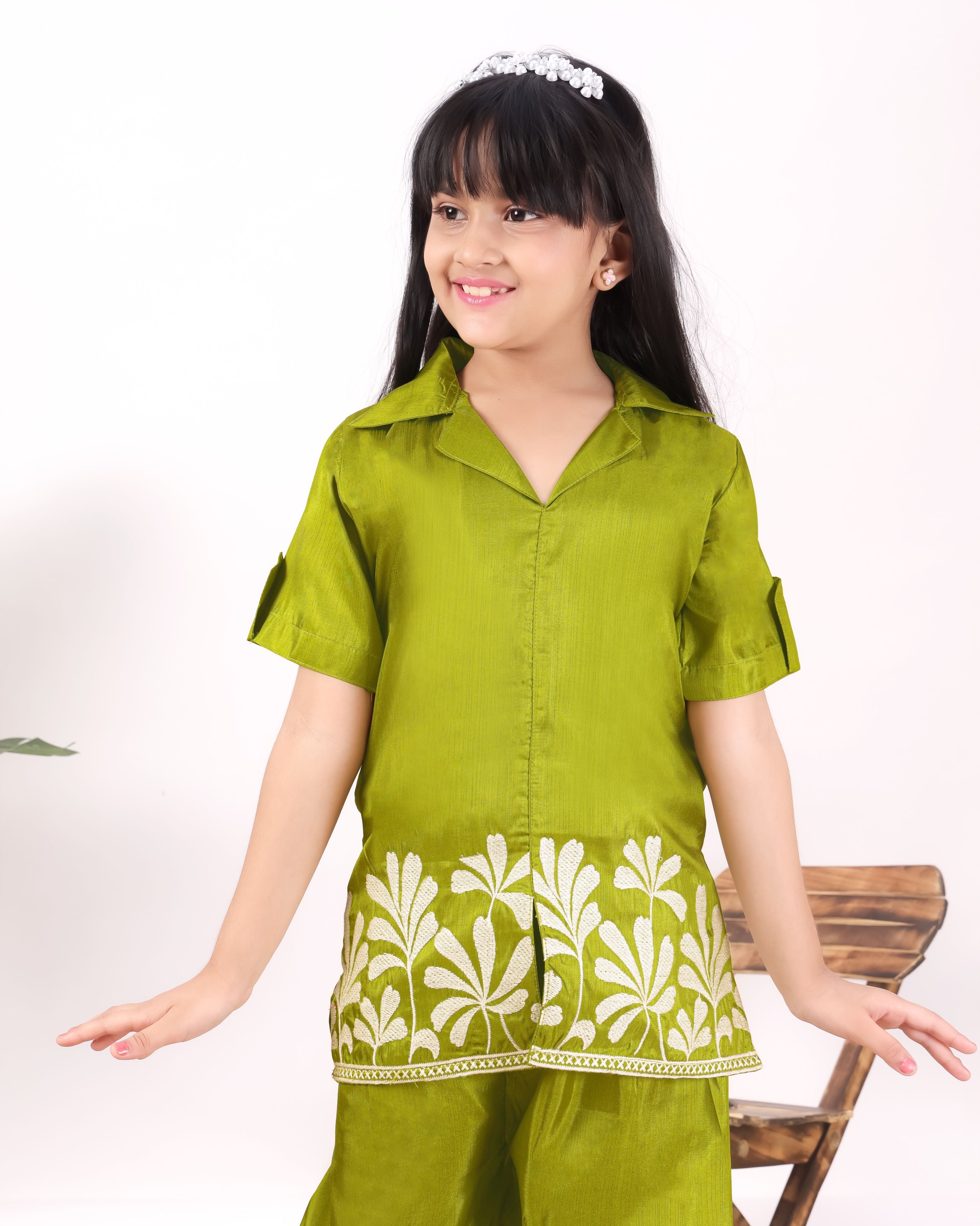 Girls Embroidered Co-Ord Set with Wide Leg Pants | Premium Party & Festive Wear for Kids