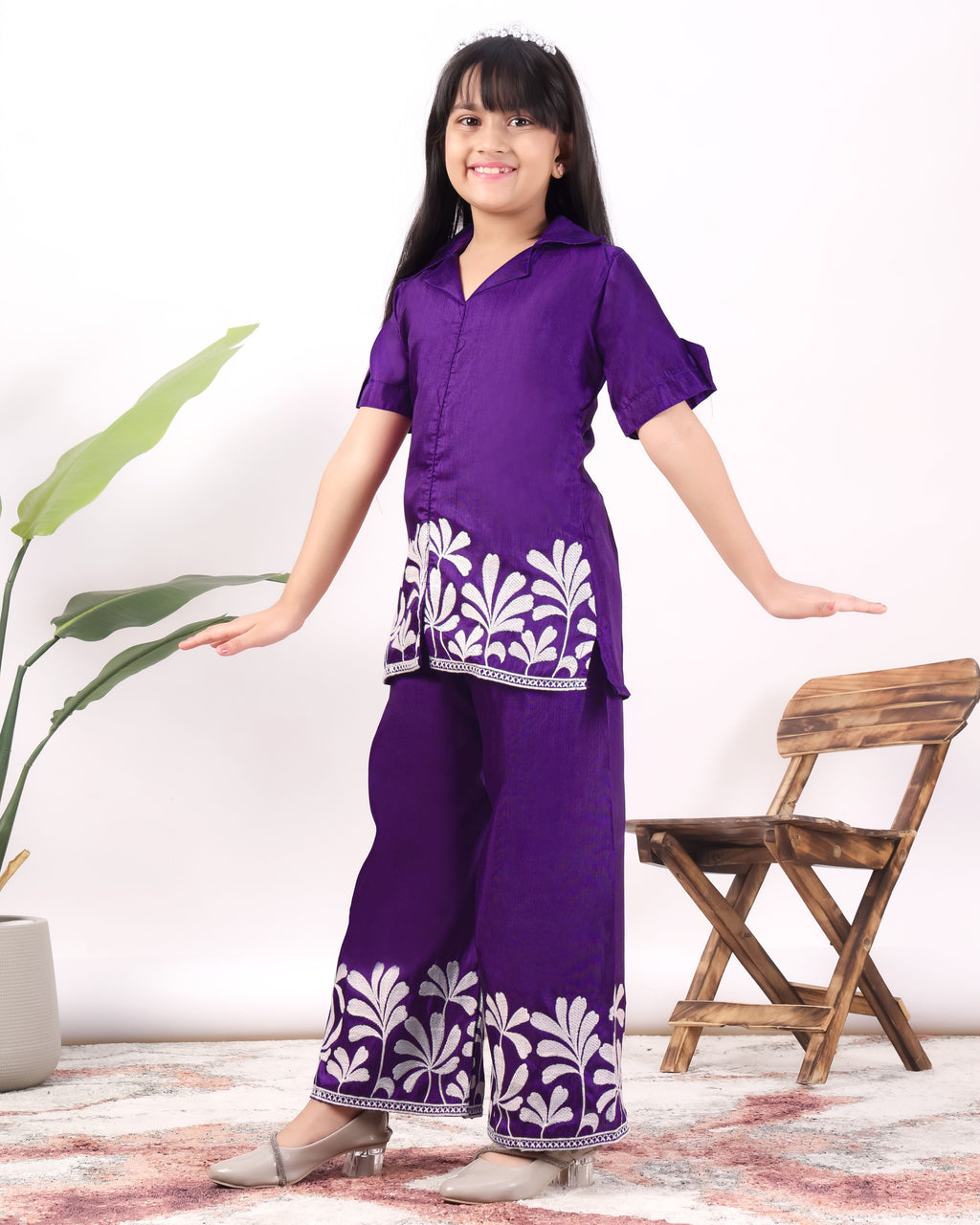 Girls Embroidered Co-Ord Set with Wide Leg Pants | Premium Party & Festive Wear for Kids