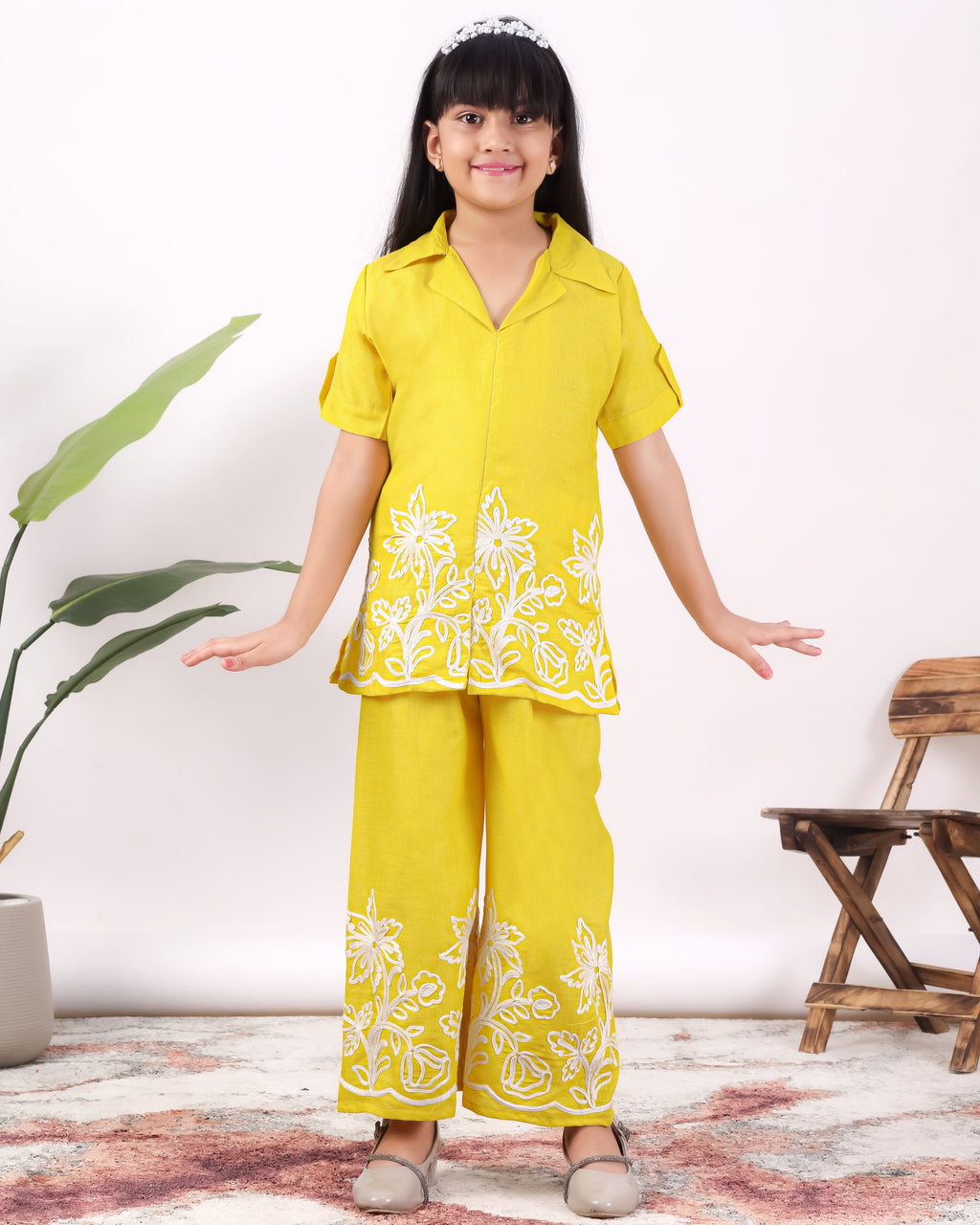 Girls Floral Embroidered Co-Ord Set with Palazzo Pants | Stylish Kids Party Wear