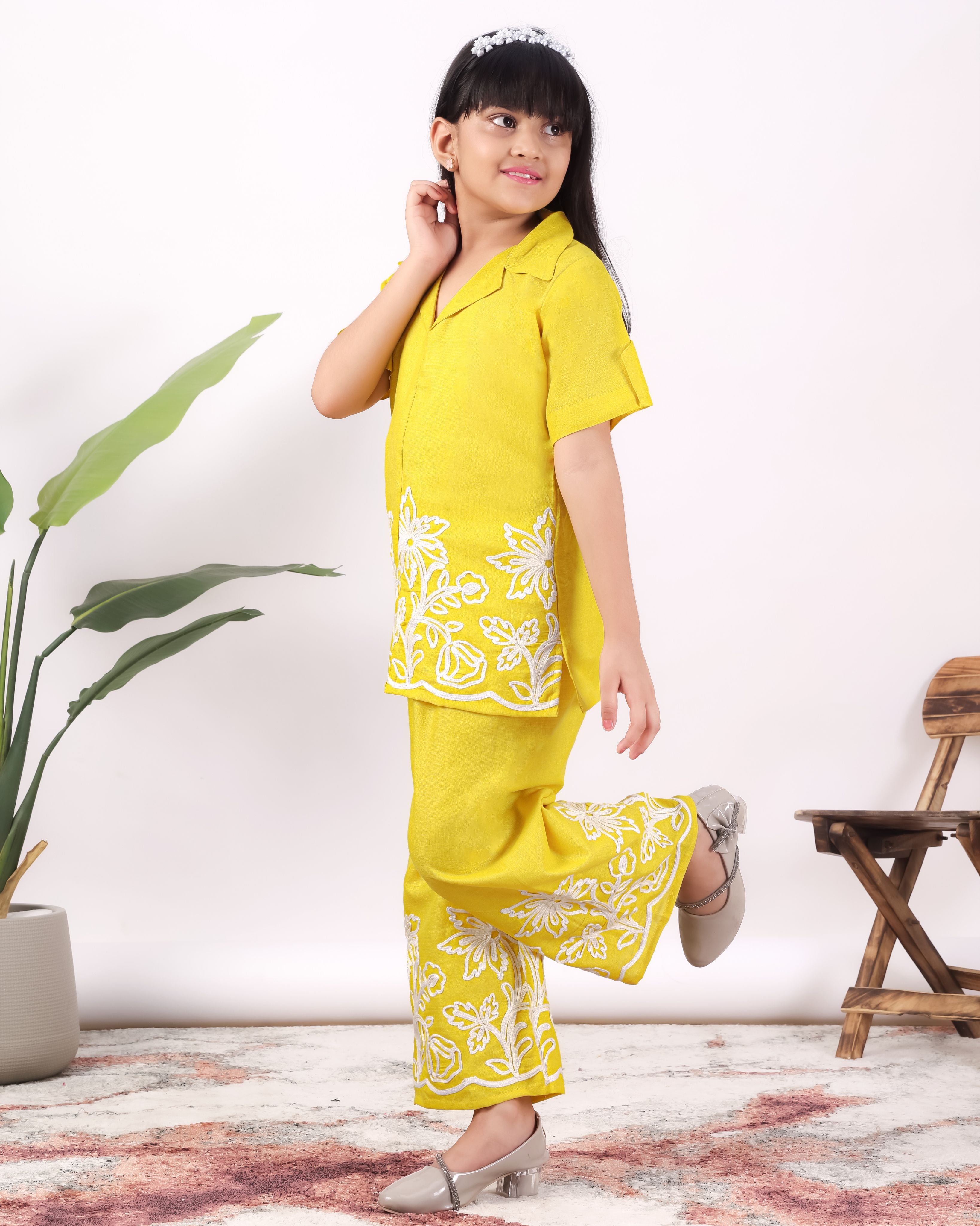 Girls Floral Embroidered Co-Ord Set with Palazzo Pants | Stylish Kids Party Wear