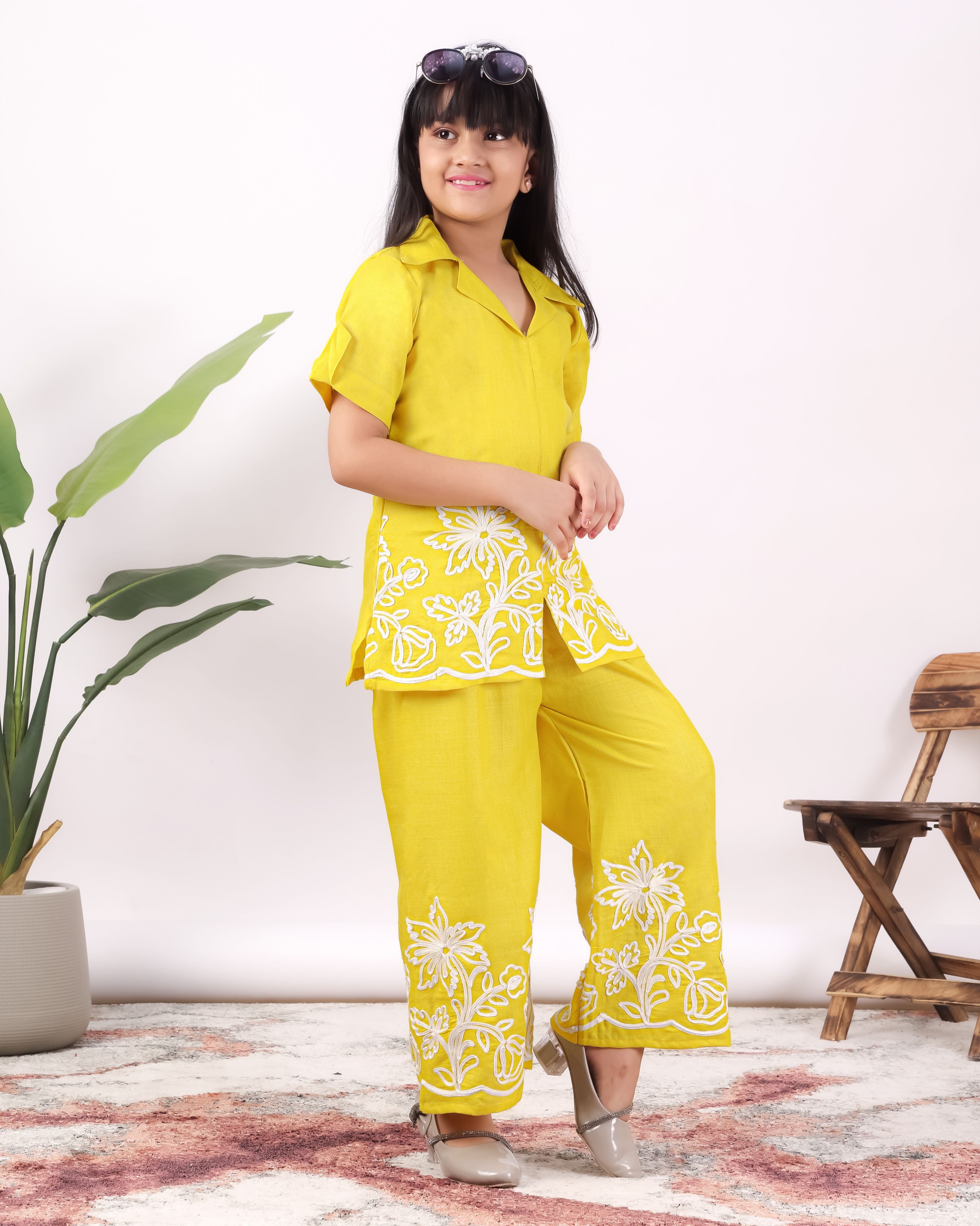 Girls Floral Embroidered Co-Ord Set with Palazzo Pants | Stylish Kids Party Wear