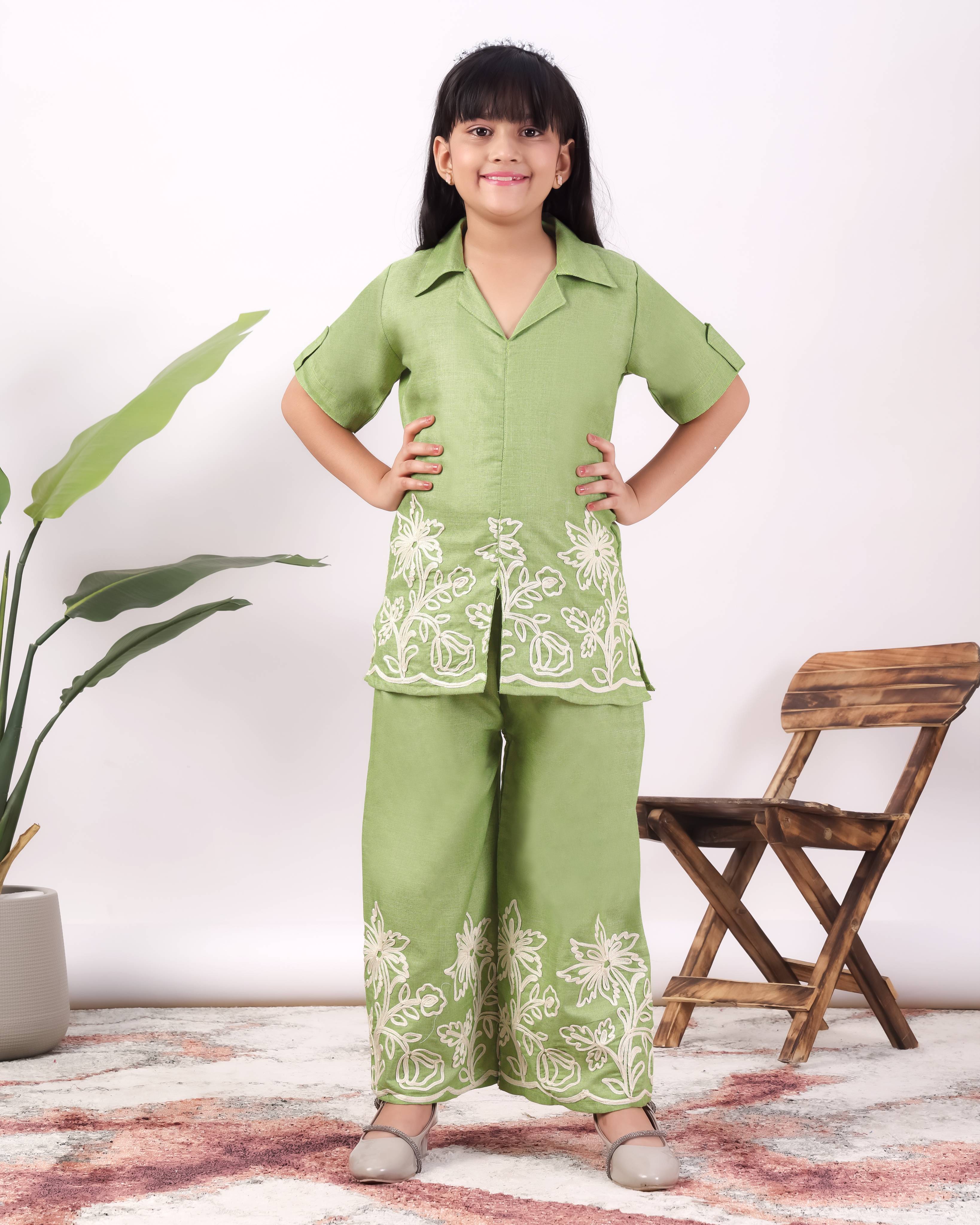 Girls Floral Embroidered Co-Ord Set with Palazzo Pants | Stylish Kids Party Wear