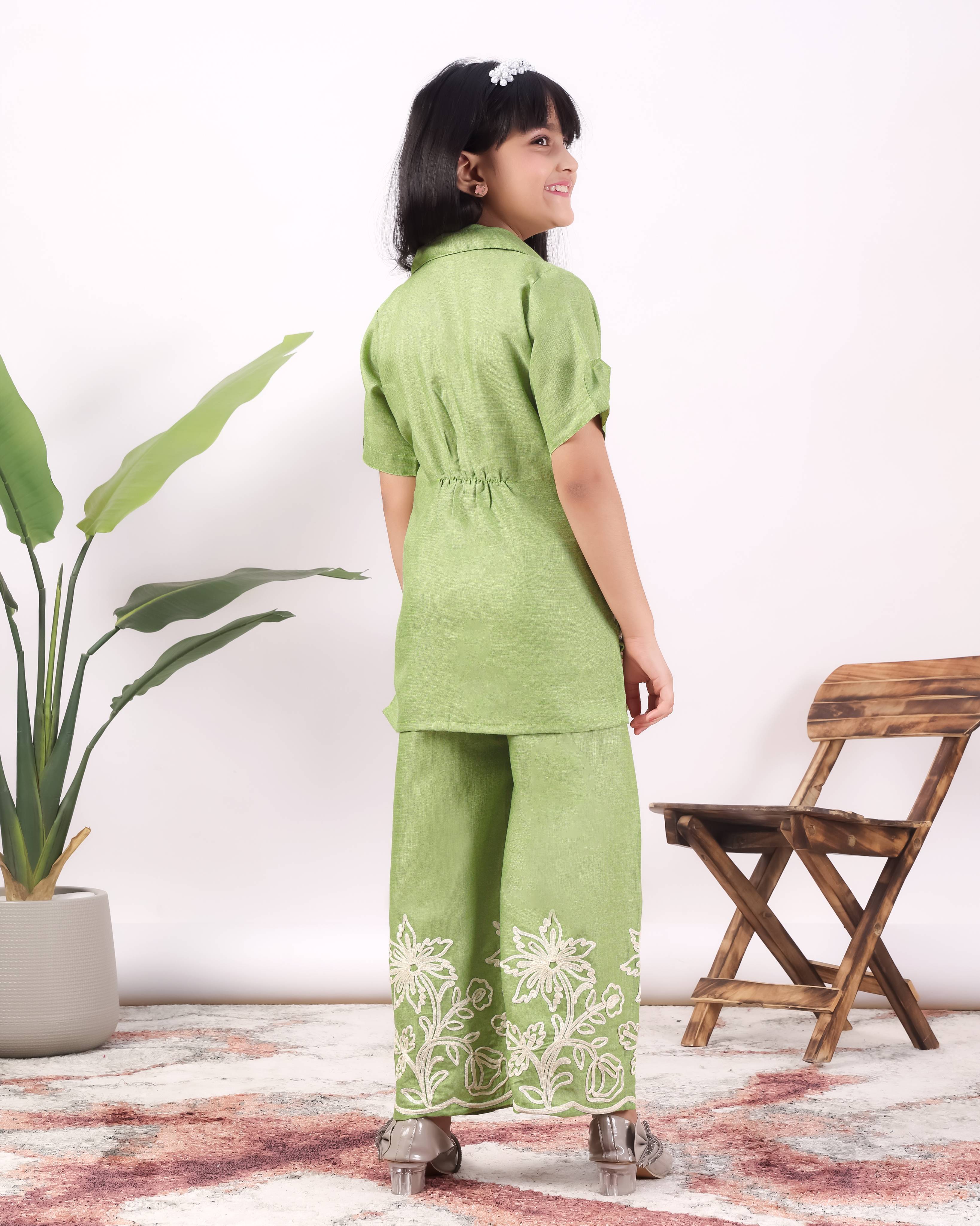 Girls Floral Embroidered Co-Ord Set with Palazzo Pants | Stylish Kids Party Wear