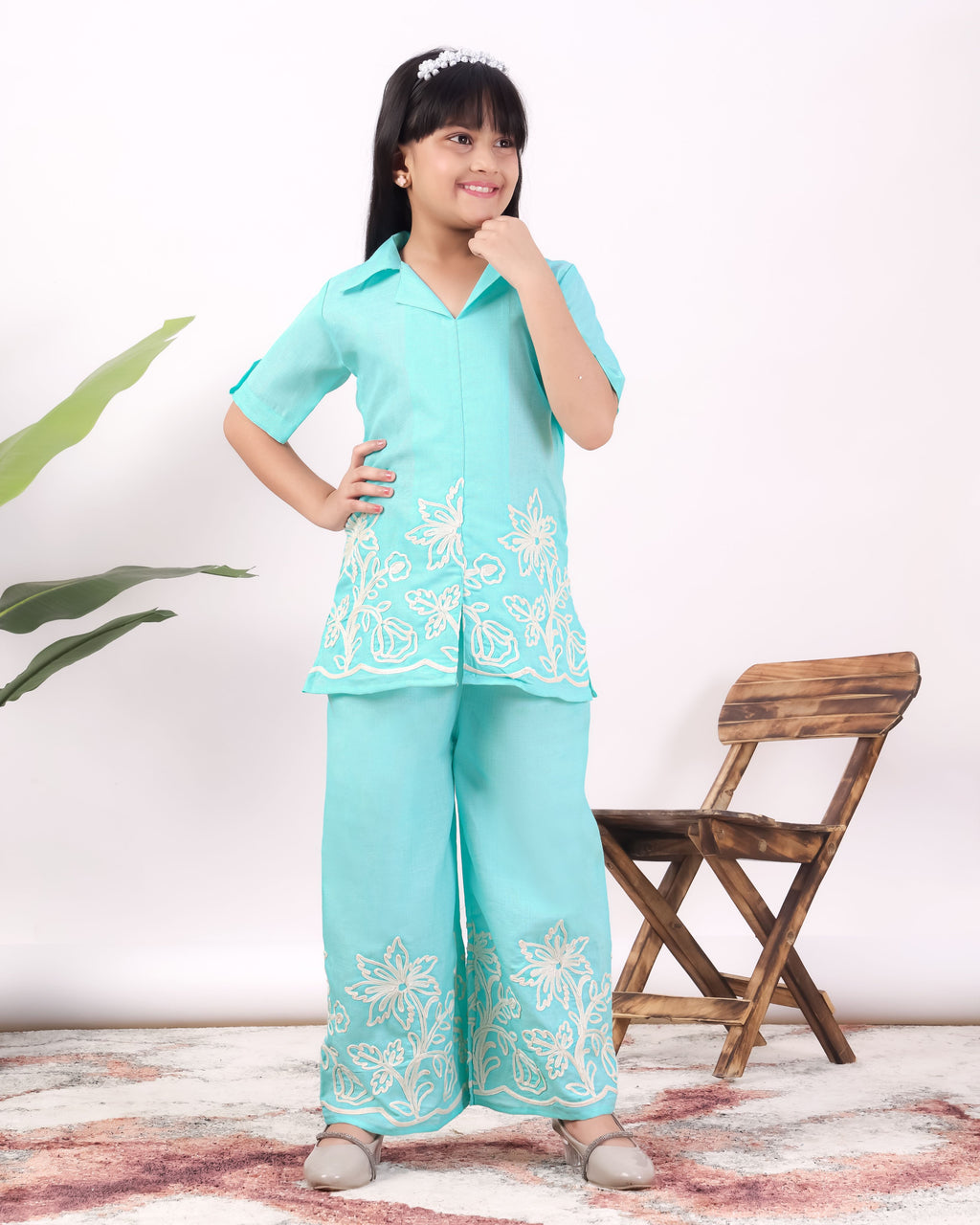 Girls Floral Embroidered Co-Ord Set with Palazzo Pants | Stylish Kids Party Wear