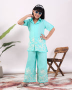 Girls Floral Embroidered Co-Ord Set with Palazzo Pants | Stylish Kids Party Wear