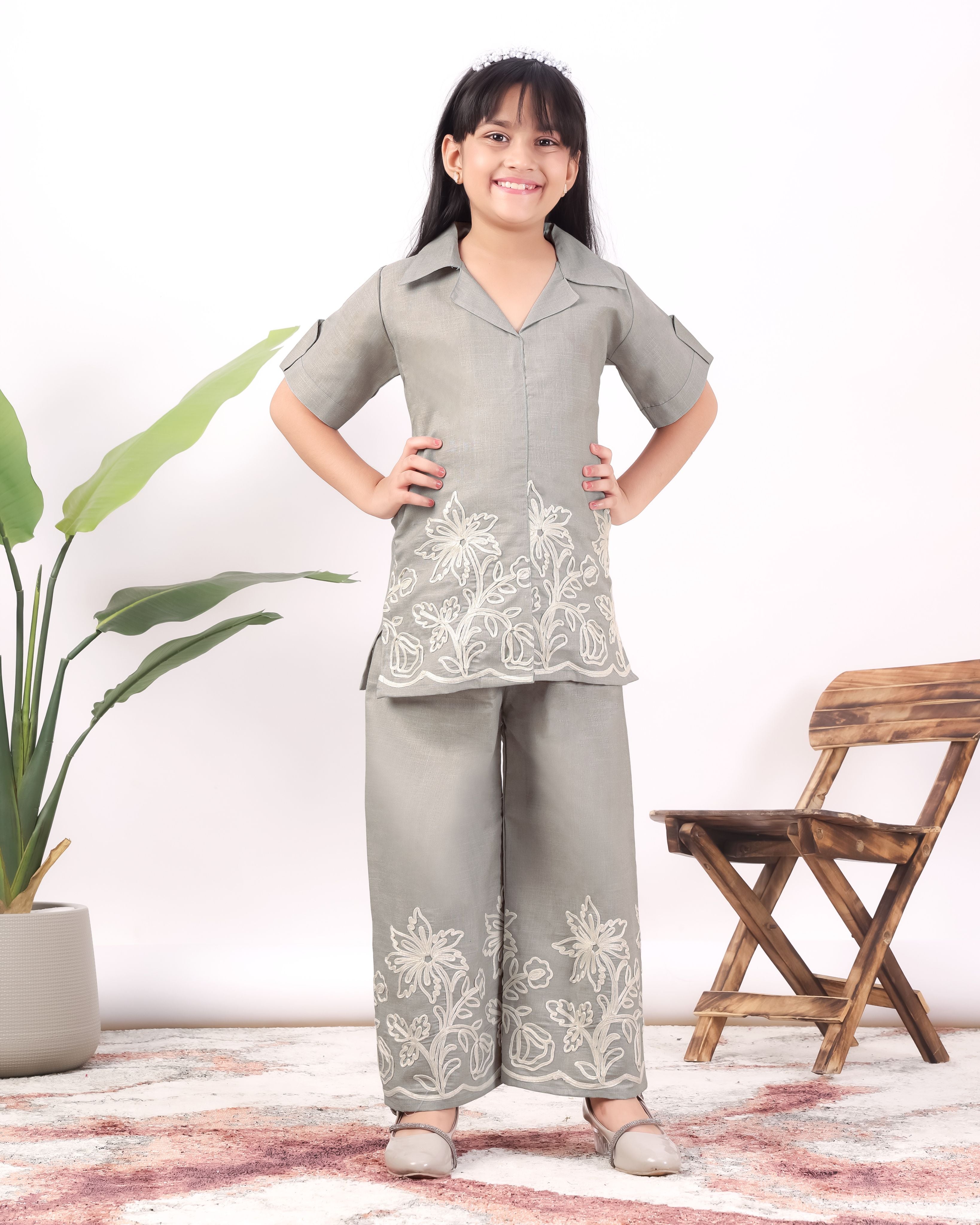 Girls Floral Embroidered Co-Ord Set with Palazzo Pants | Stylish Kids Party Wear