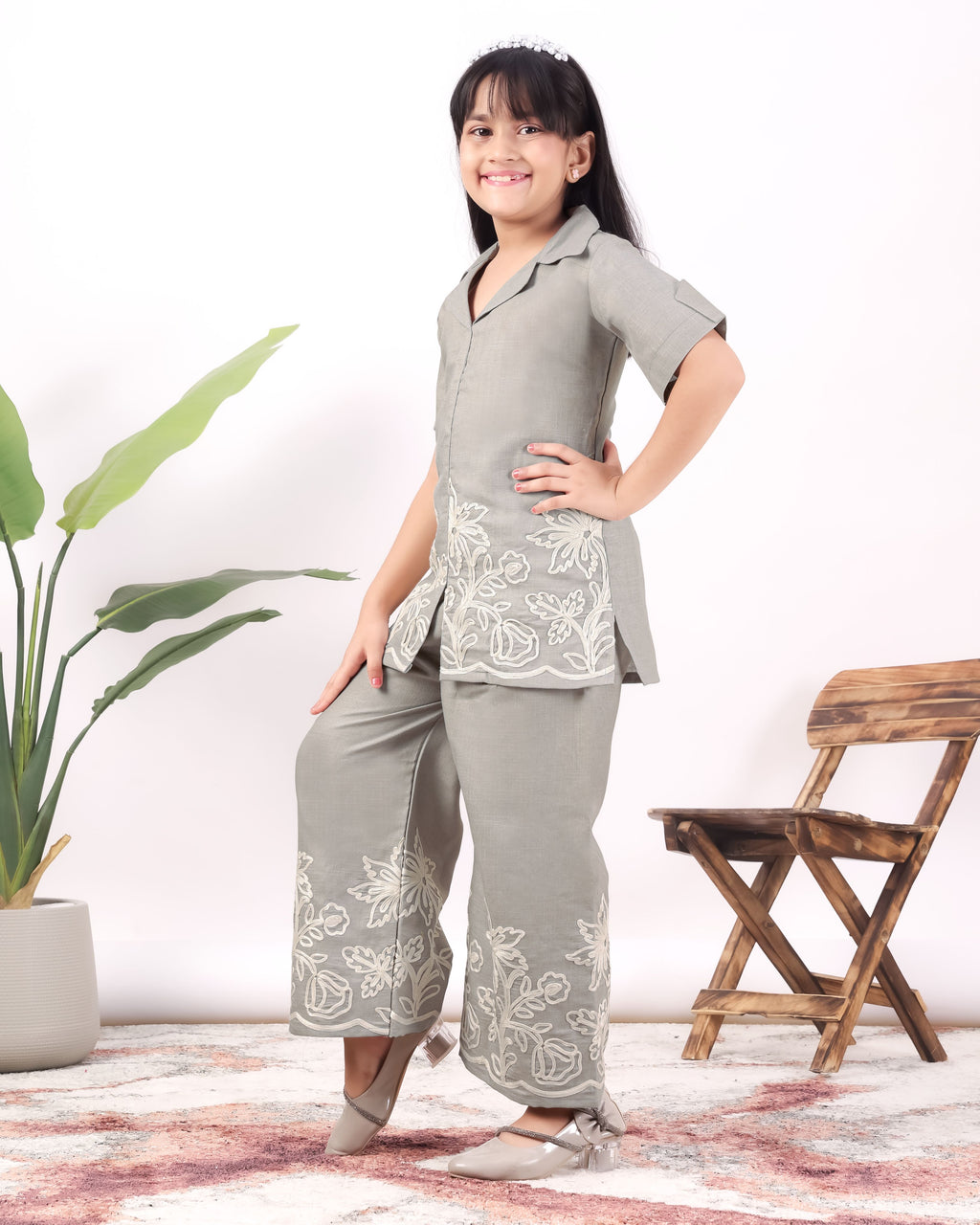Girls Floral Embroidered Co-Ord Set with Palazzo Pants | Stylish Kids Party Wear