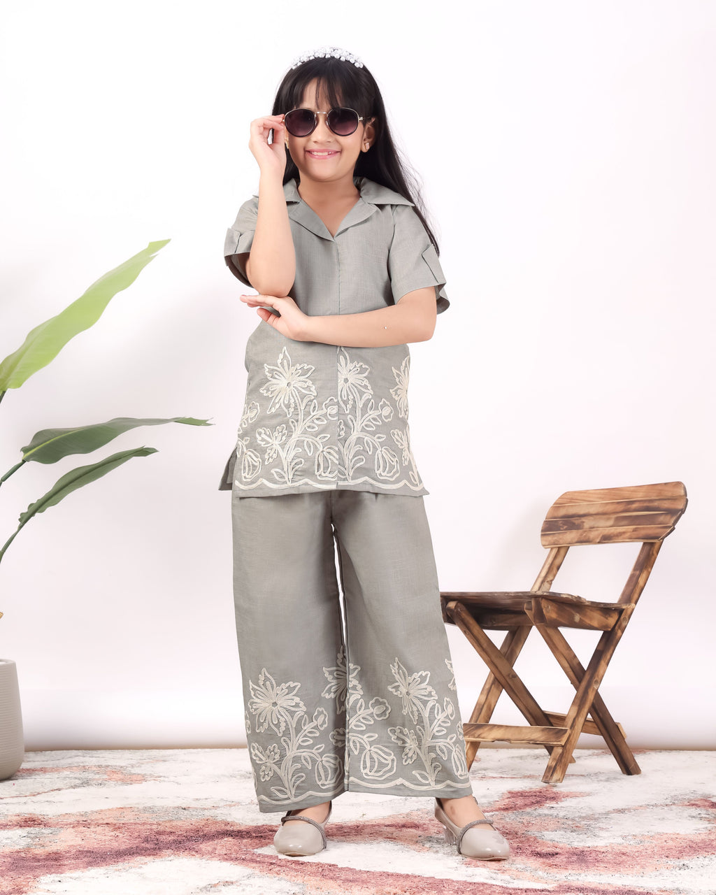 Girls Floral Embroidered Co-Ord Set with Palazzo Pants | Stylish Kids Party Wear
