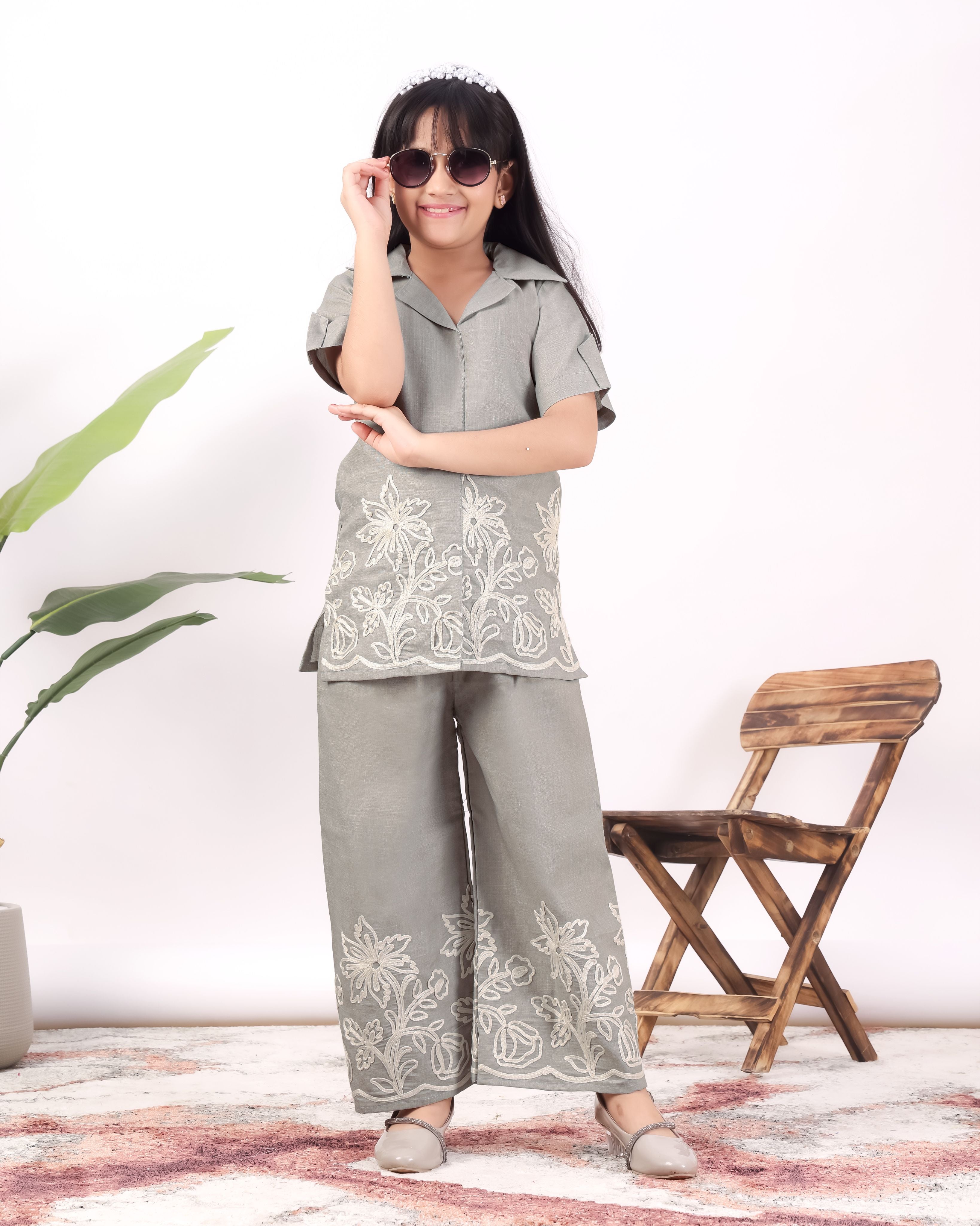 Girls Floral Embroidered Co-Ord Set with Palazzo Pants | Stylish Kids Party Wear