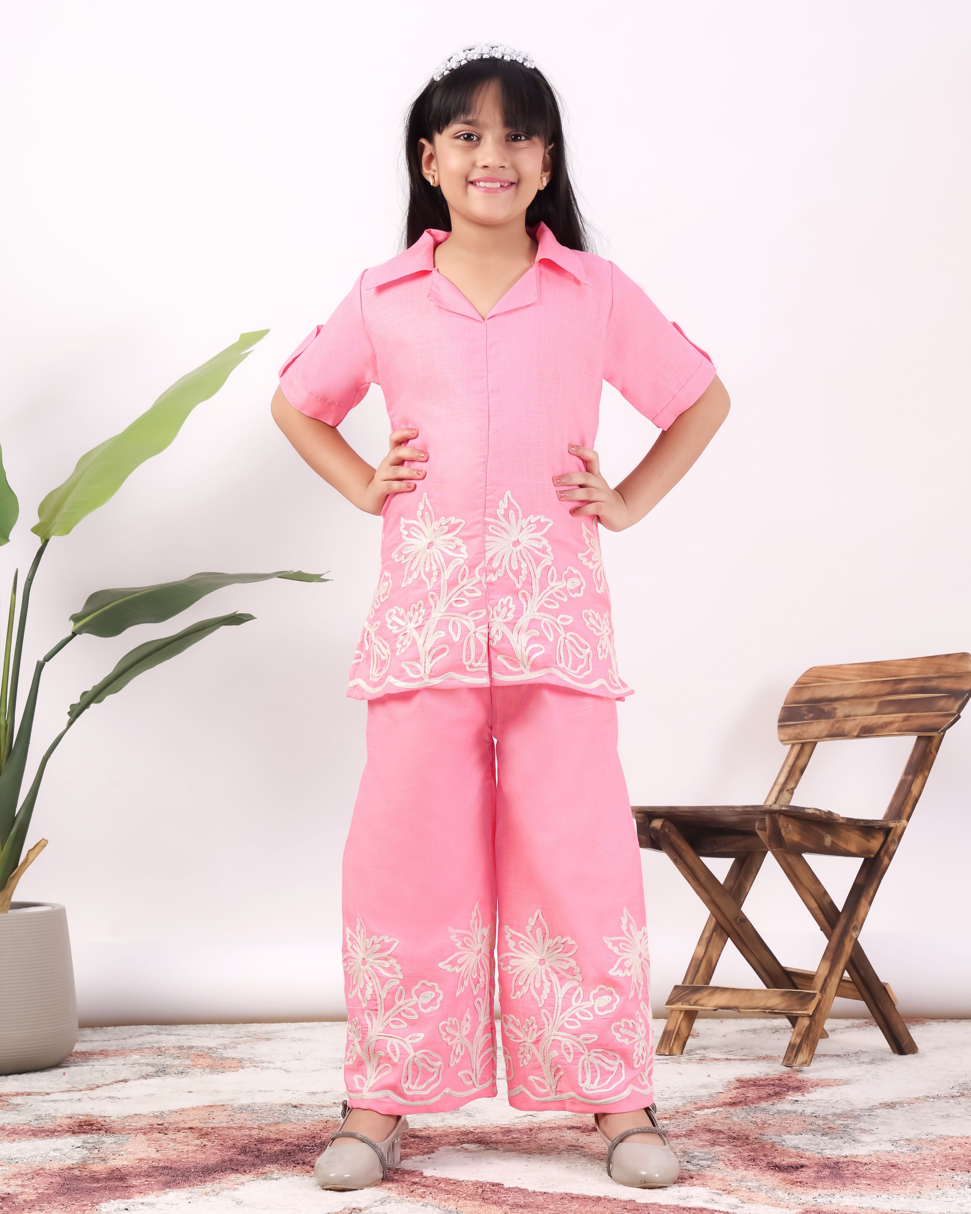 Girls Floral Embroidered Co-Ord Set with Palazzo Pants | Stylish Kids Party Wear