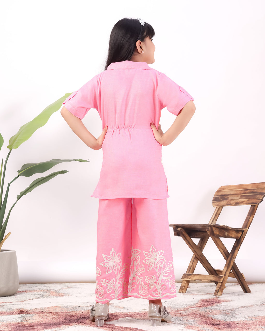 Girls Floral Embroidered Co-Ord Set with Palazzo Pants | Stylish Kids Party Wear