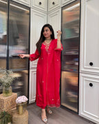 Red Silk Kurta Set with Gold Embroidery & Dupatta – Party & Wedding Wear