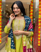 Lime Green Kurta Set with Contrast Dupatta – Festive & Party Wear