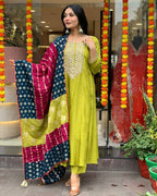 Lime Green Kurta Set with Contrast Dupatta – Festive & Party Wear