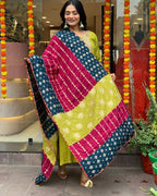Lime Green Kurta Set with Contrast Dupatta – Festive & Party Wear