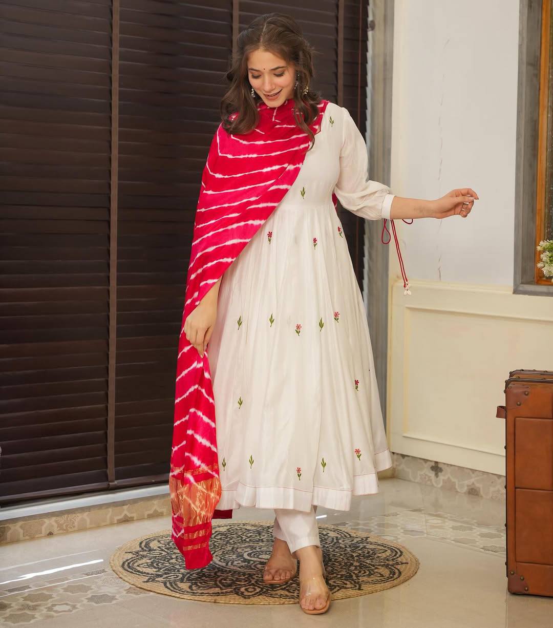White Anarkali Suit Set with Red Bandhani Dupatta – Festive & Wedding Wear