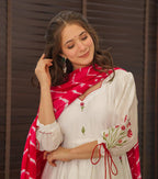 White Anarkali Suit Set with Red Bandhani Dupatta – Festive & Wedding Wear
