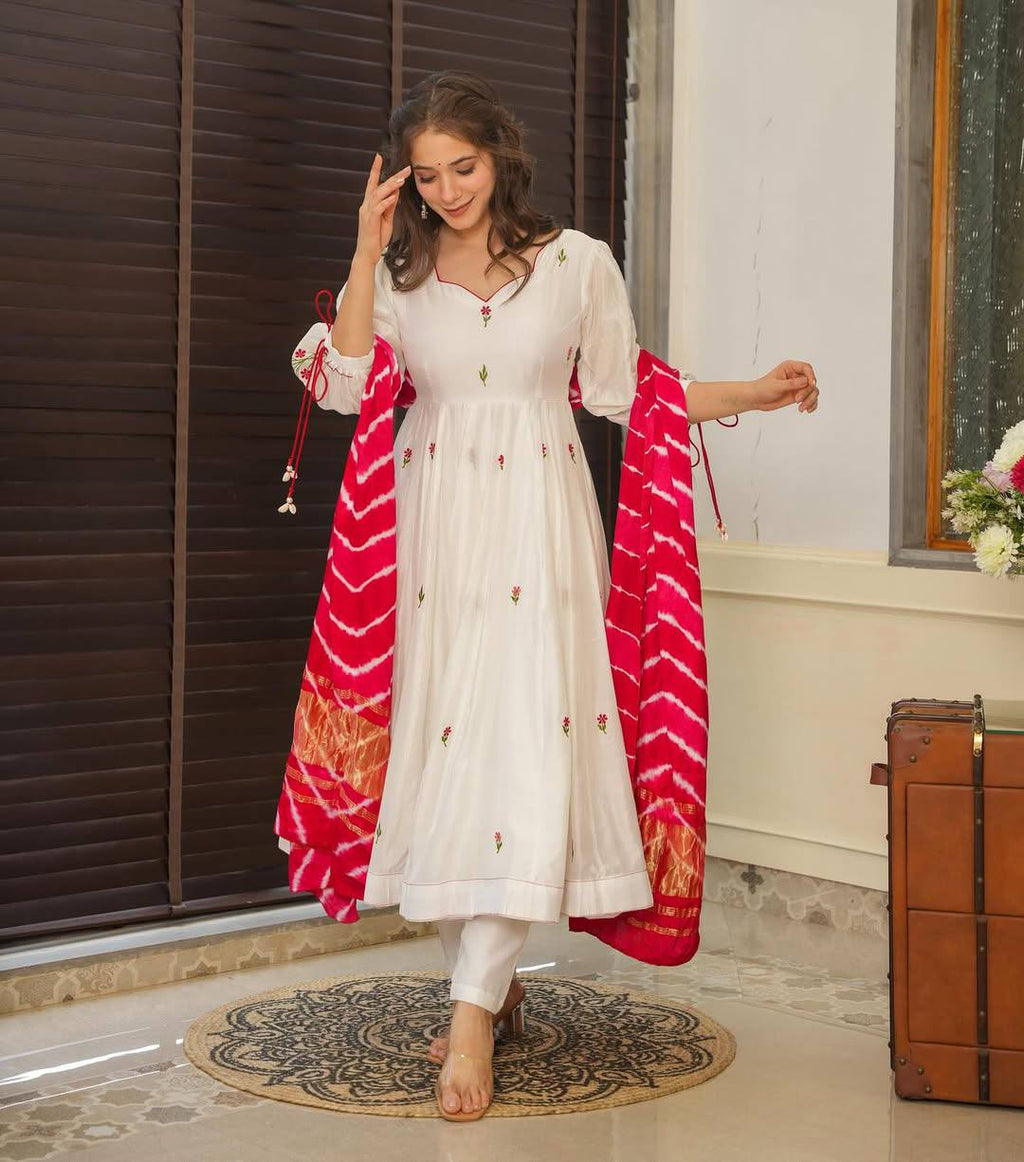 White Anarkali Suit Set with Red Bandhani Dupatta – Festive & Wedding Wear