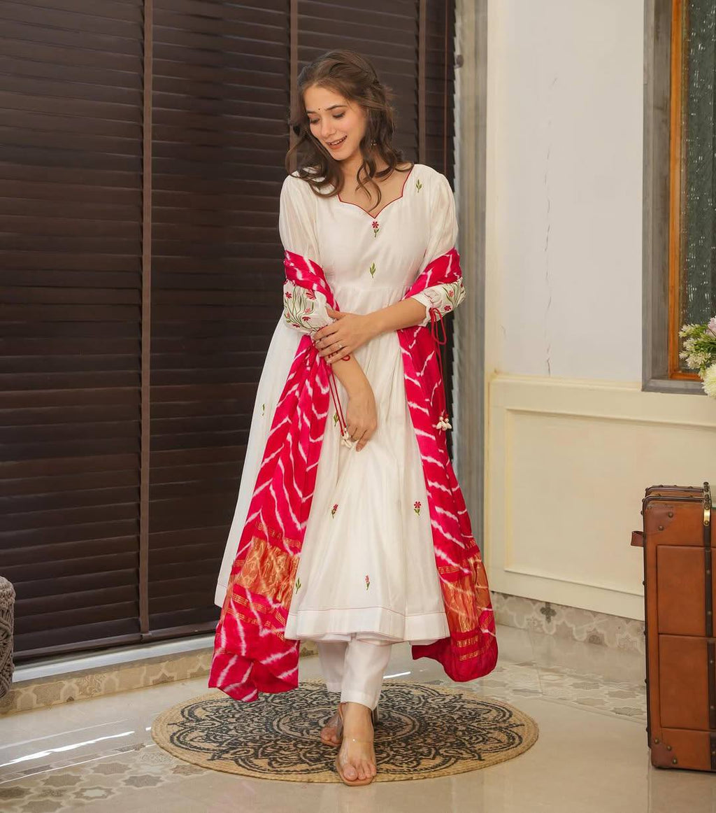 White Anarkali Suit Set with Red Bandhani Dupatta – Festive & Wedding Wear