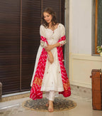 White Anarkali Suit Set with Red Bandhani Dupatta – Festive & Wedding Wear
