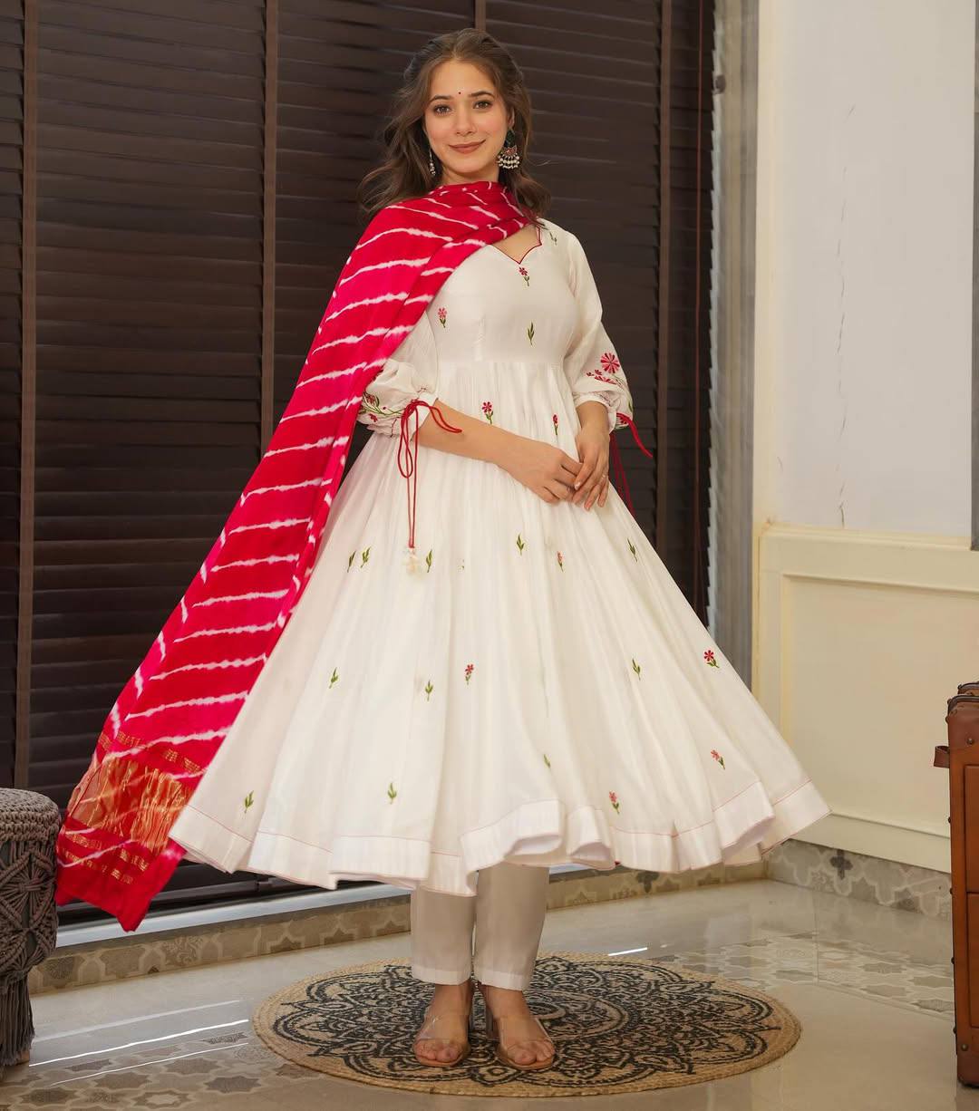 White Anarkali Suit Set with Red Bandhani Dupatta – Festive & Wedding Wear