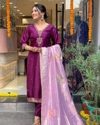 Wine Silk Kurta Set for Women with Zari Dupatta – Embroidered Wedding & Festive Outfit