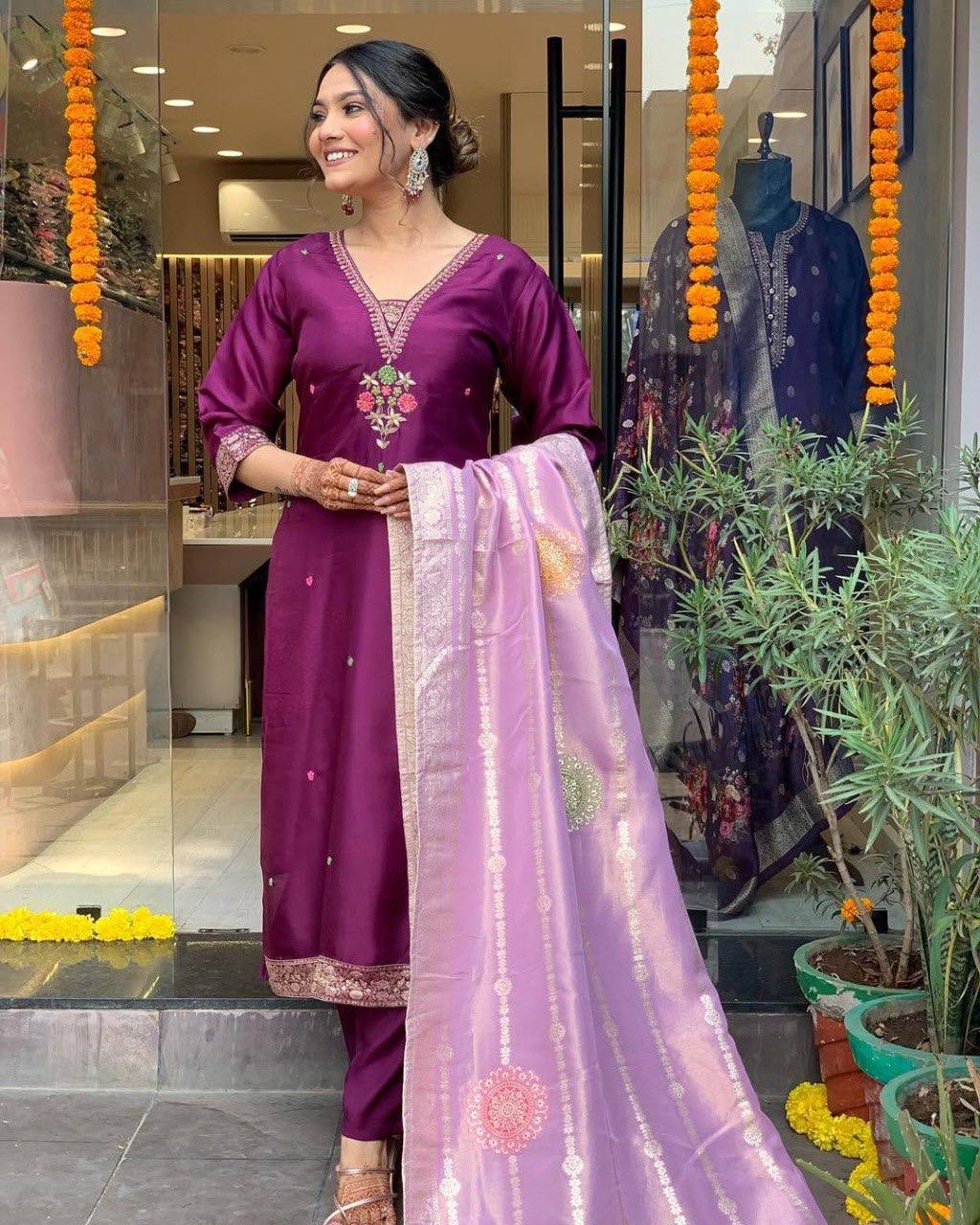 Wine Silk Kurta Set for Women with Zari Dupatta – Embroidered Wedding & Festive Outfit