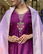 Wine Silk Kurta Set for Women with Zari Dupatta – Embroidered Wedding & Festive Outfit