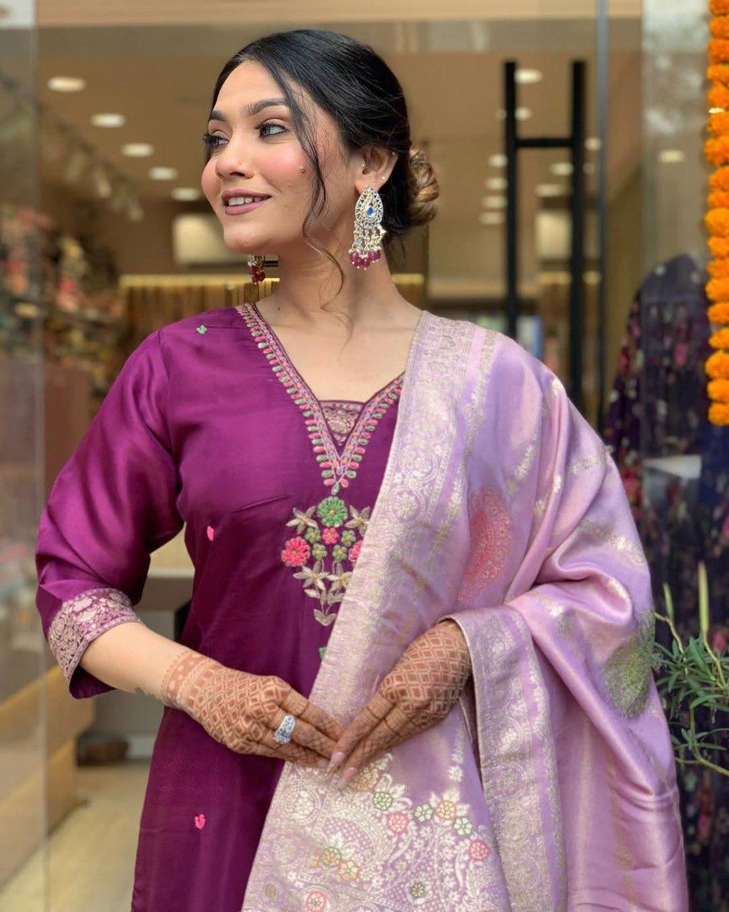 Wine Silk Kurta Set for Women with Zari Dupatta – Embroidered Wedding & Festive Outfit